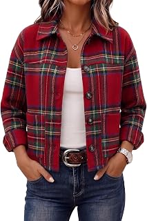 LOMON Women's Flannel Cropped Plaid Shacket Jacket Button Down Fall Outfits | Long Sleeve Trendy Outfits,Winter Outwear