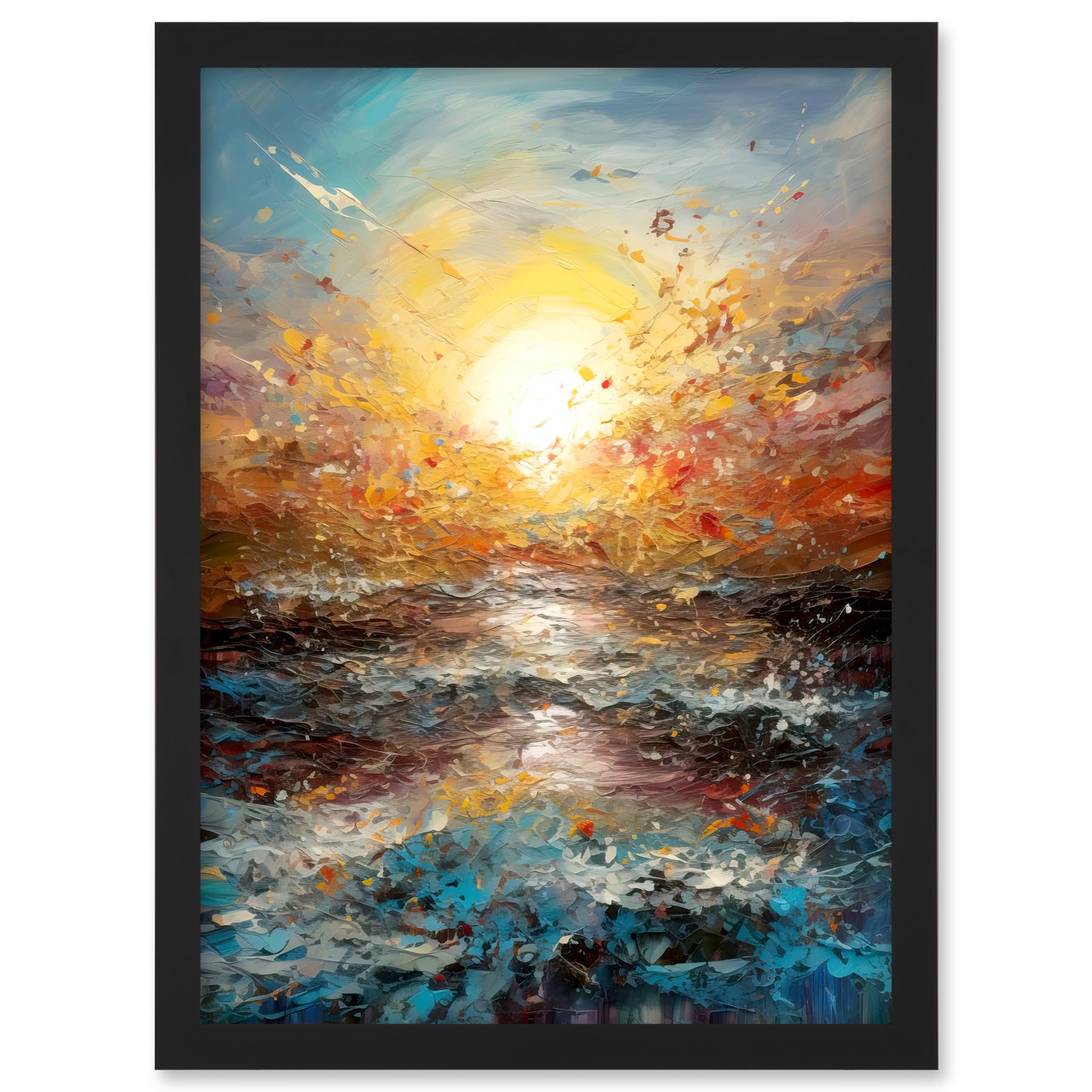 Artery8 Sunrise at Sea Abstract Seascape Splatter Art Artwork Framed A3 Wall Art Print