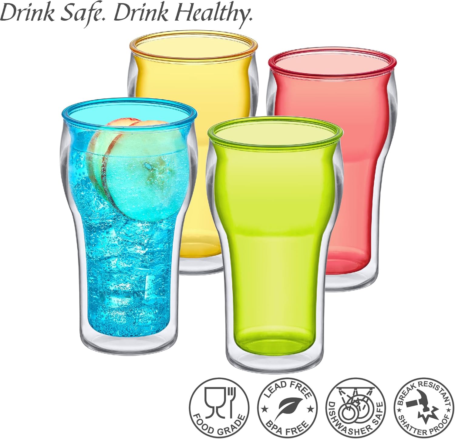 Amazing Abby - Rockies - 20-Ounce Insulated Plastic Tumblers (Set of 4), Double-Wall Plastic Drinking Glasses, Mixed-Color Reusable Cups, BPA-Free, Shatter-Proof, Dishwasher-Safe
