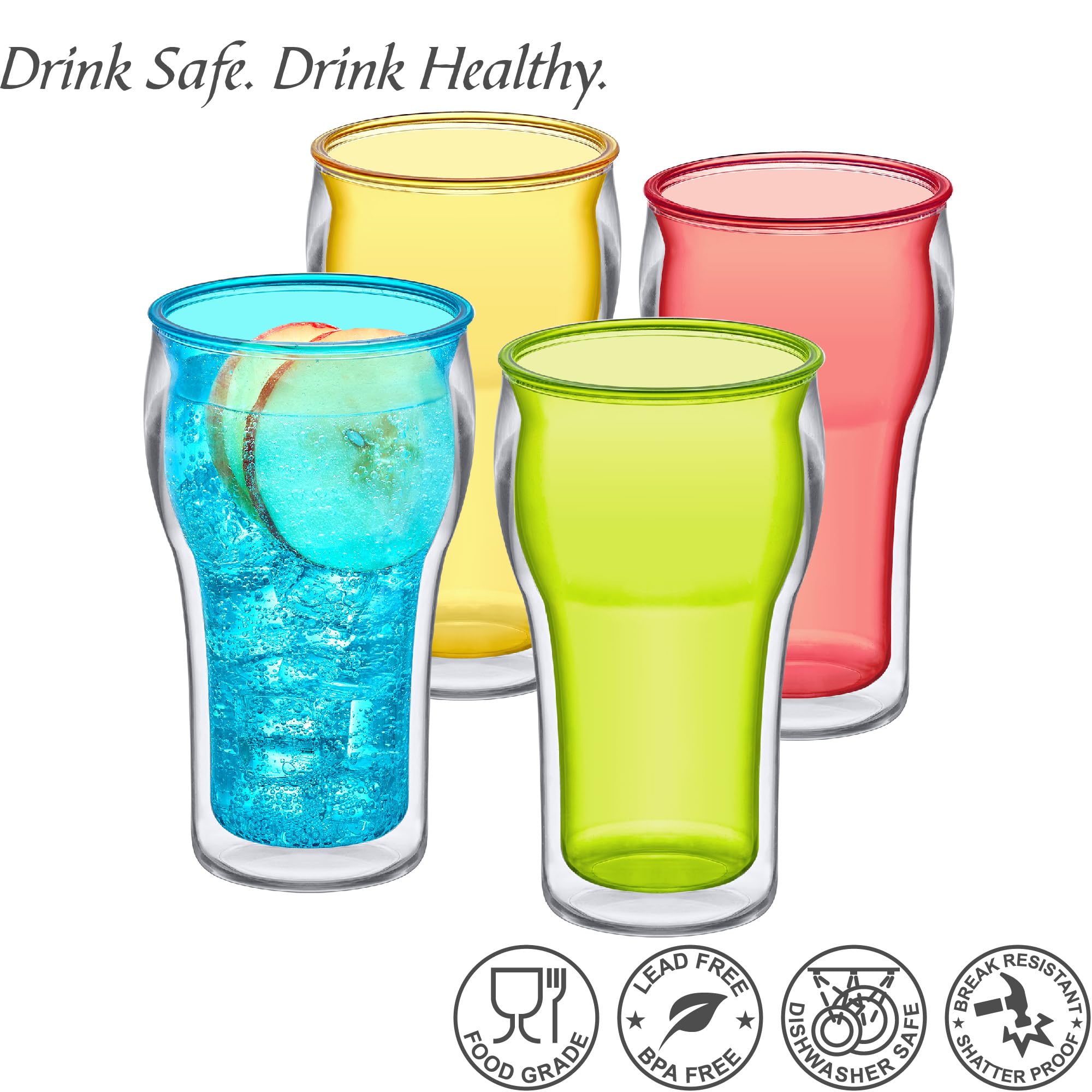 Amazing Abby - Rockies – 590 ml isolierte Kunststoffbecher (4er-Set), doppelwandige Kunststoff-Trinkgläser, gemischte Farben, wiederverwendbare Kunststoffbecher, BPA-frei, bruchsicher,