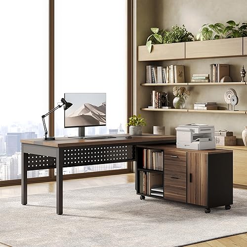 Miniatura 4 de LITTLE TREE Escritorio ejecutivo de 70.8 pulgadas con archivador lateral, estación de trabajo moderna de madera gruesa en forma de L, escritorio