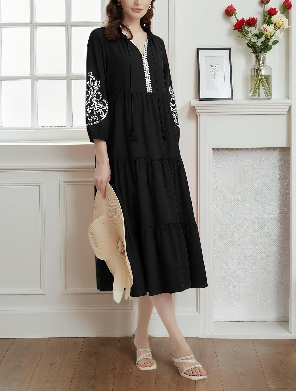 Ladyful Womens Summer Tiered Maxi Cotton Dress Tassel Embroidered 3/4 Sleeve V Neck Flowy Fall Vacation Beach Dress - Image 2