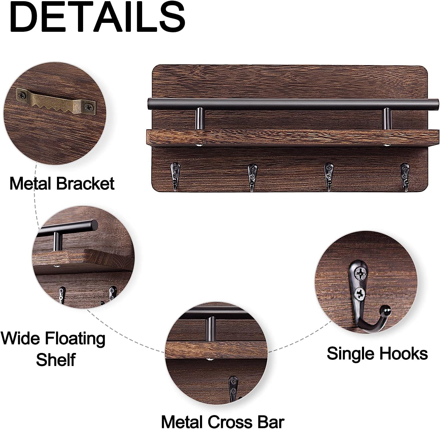 Bosidu Wooden Key Holder for Wall Decorative, Rustic Key Hanger|Mail Organizer with 4 Key Hooks, Perfect Home Decor for Entryway, Kitchen and Bathroom