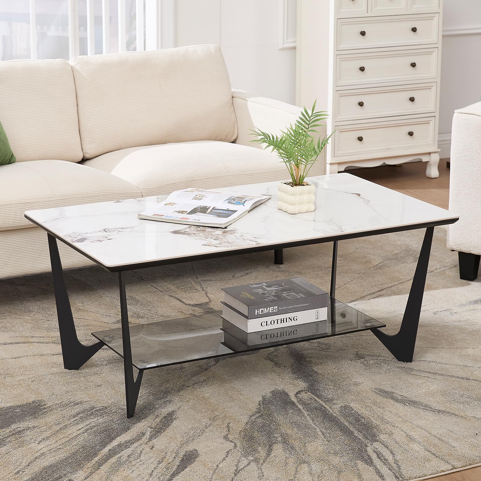 chairus Mesa de Salón Moderna Mesa de Centro Rectangular,Tablero con Estantes Almacenaje Mesita de Mármol para Hogar/Oficina,Blanco
