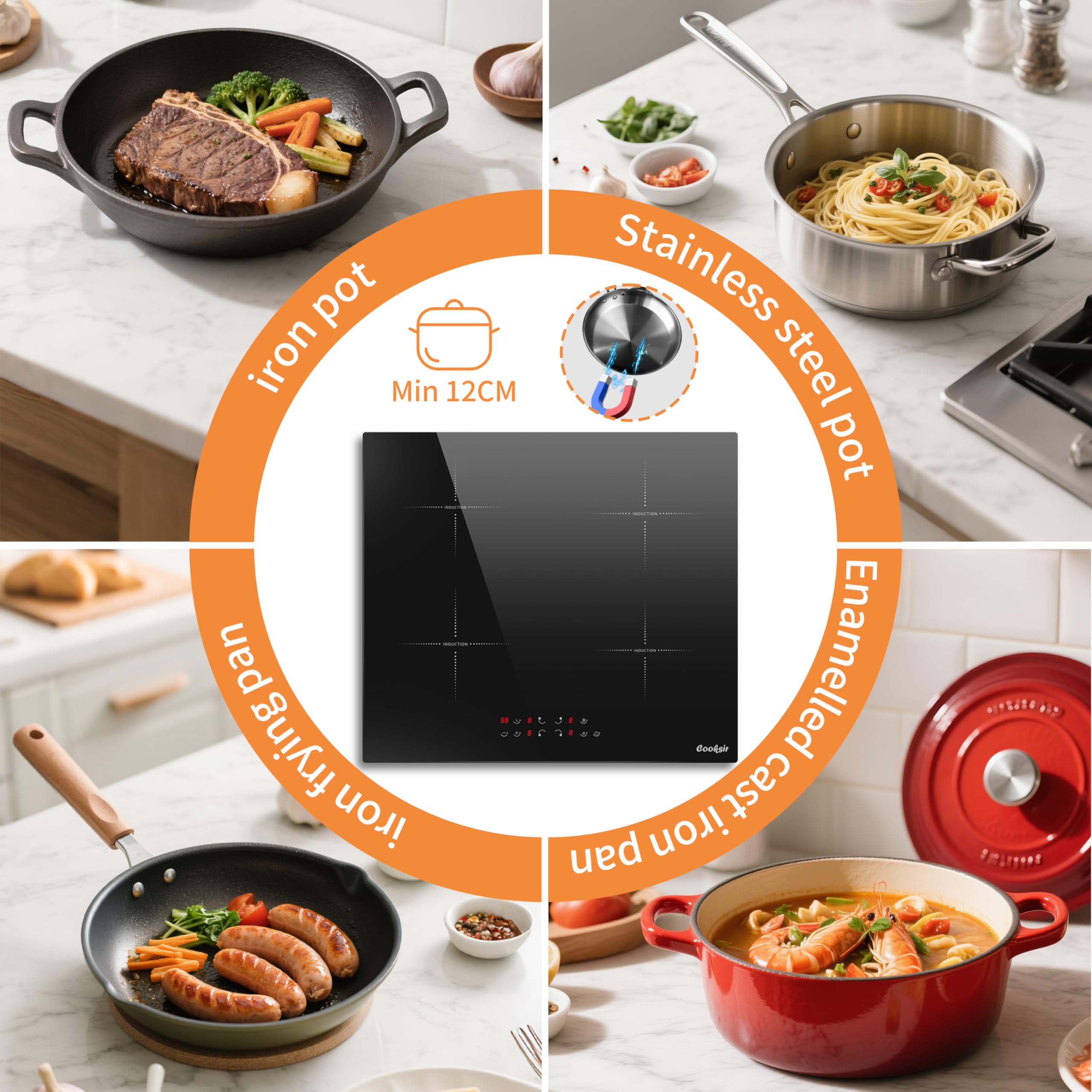 Płyta indukcyjna, 4 płyty, płyta kuchenna do zabudowy 60 cm, 7200 W, indywidualny dotyk, funkcja boost, blokada bezpieczeństwa, timer, bez wtyczki, 230 V