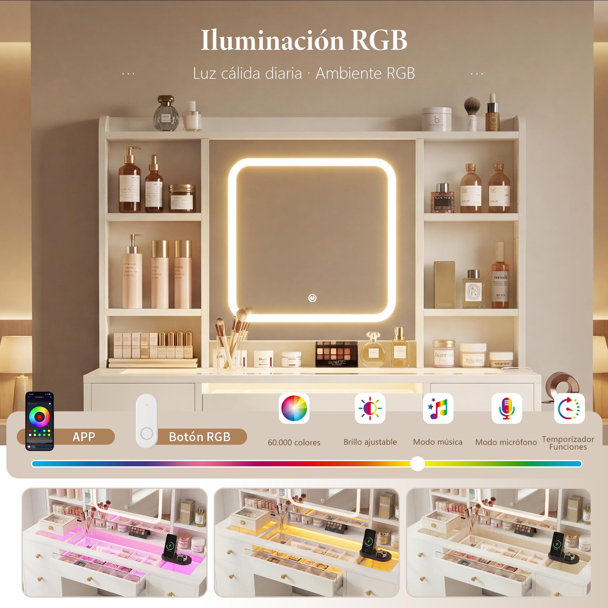 Heybly Tocador de Maquillaje con Espejo LED y Luz, Tocador Grande con Cajones y Cristal, Luces RGB, Enchufes y Puertos USB, Tocador Moderno Blanco para Dormitorio BDT001WT