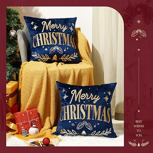 Miniatura 5 de Lewondr Fundas de almohada de Navidad, diseño de letras de Feliz Navidad, patrón de estampado en caliente, fundas de almohada de terciopelo holandés