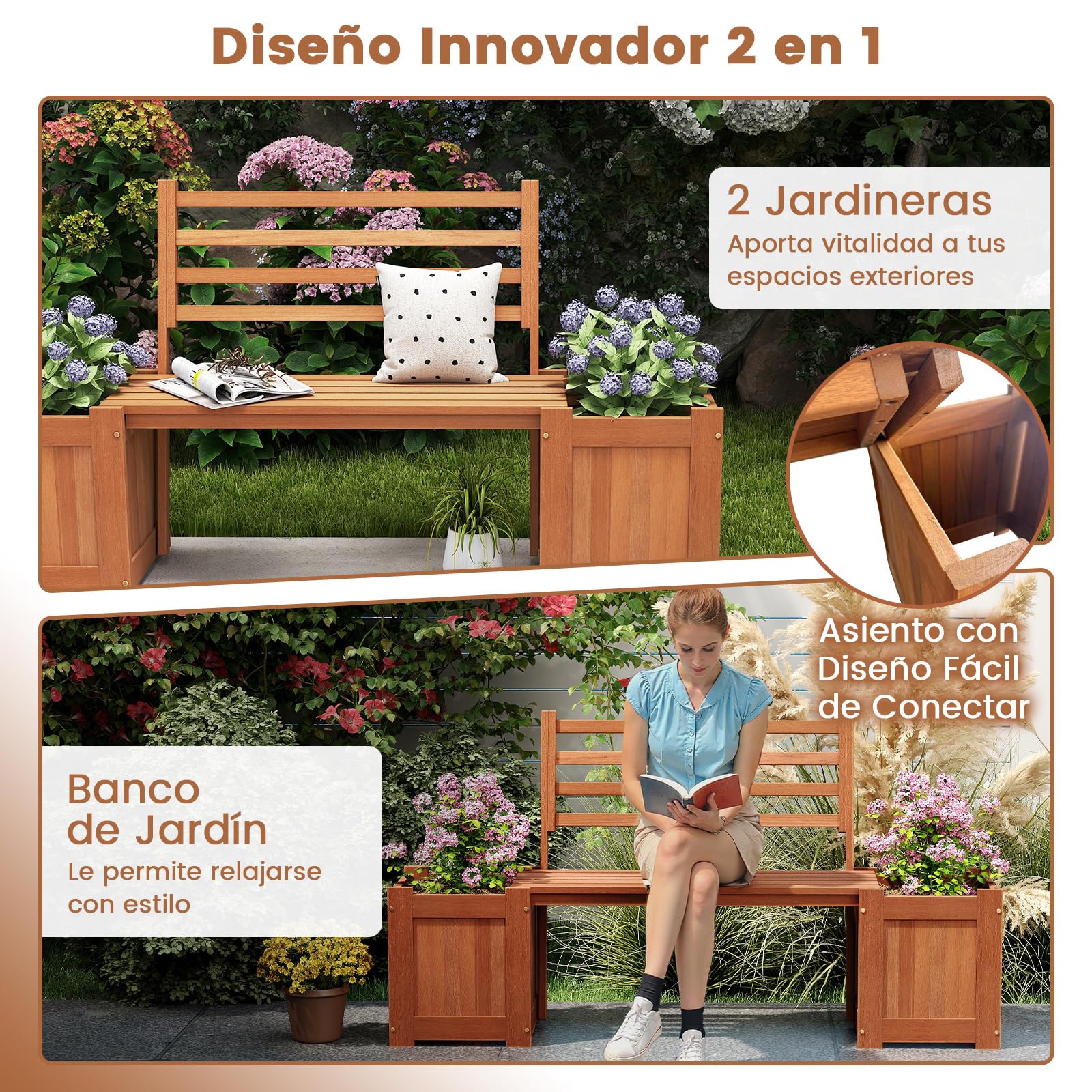 COSTWAY Jardinera de Madera con Banco, Banco Jardin Exterior con 2 Maceteros y Respaldo, Cama de Jardín Elevada con Base Abierta y Acabado de Aceite de Teca, Macetero Grande Decorativo, 172x46,5x91 cm