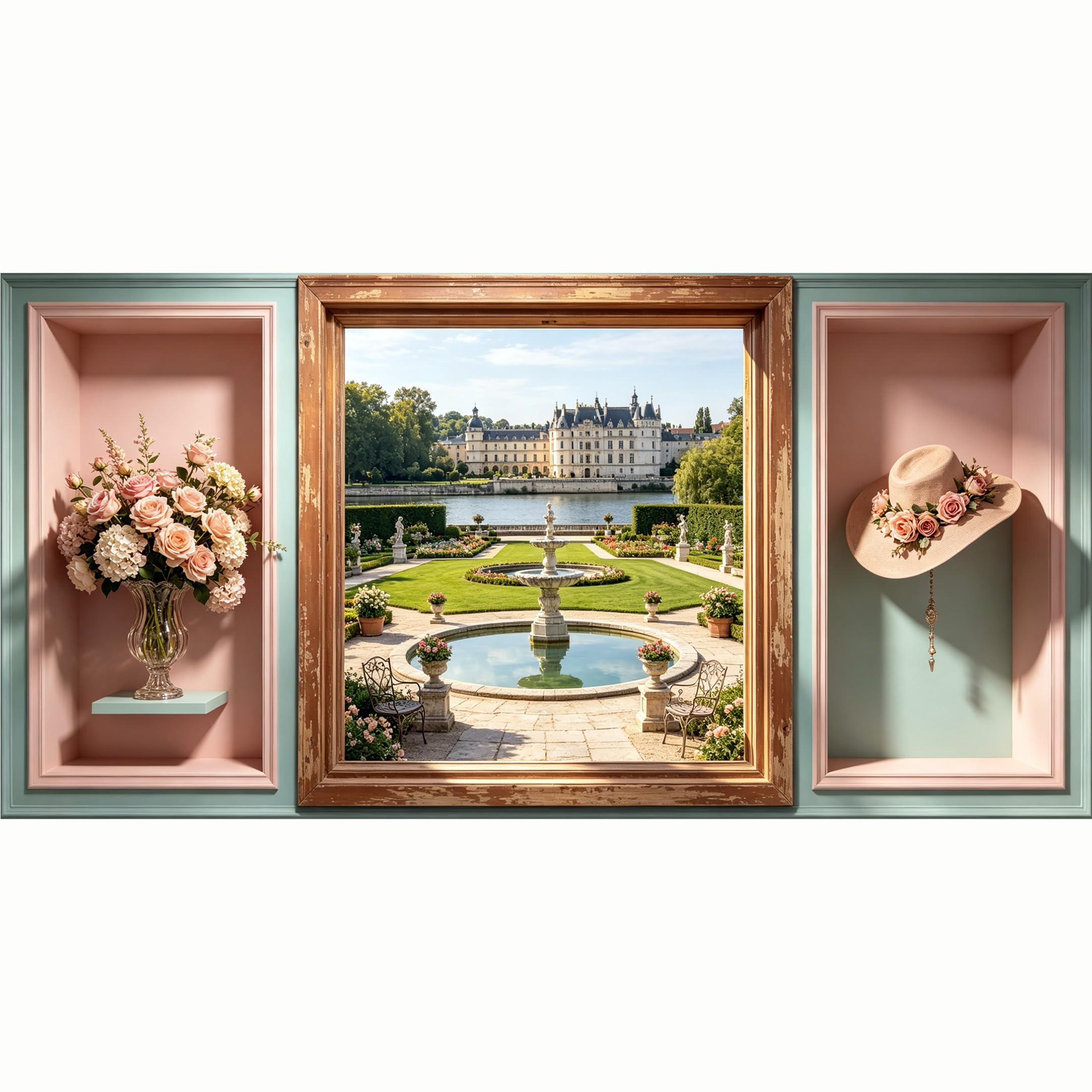 QZLITHOTIC 50x100cm 3D Framed Wall Art， European Castle Garden Landscape Floral Hat SelfAdhesive Mural， WaterActivated Peel & Stick Fabric Decor Wall Decal for Bedroom Living Room