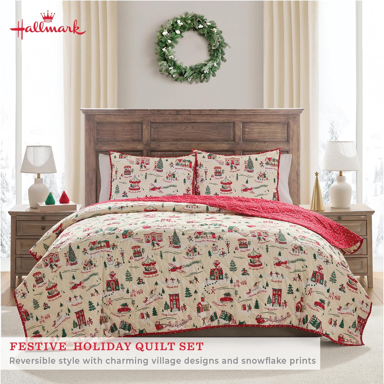Hallmark King Size 3-Piece Holiday Quilt Set with Shams | Reversible Quilt with 2 Christmas Patterns | Lightweight & Cozy | Super Soft Microfiber Fabric | Wrinkle-Resistant | Multi Christmas Village