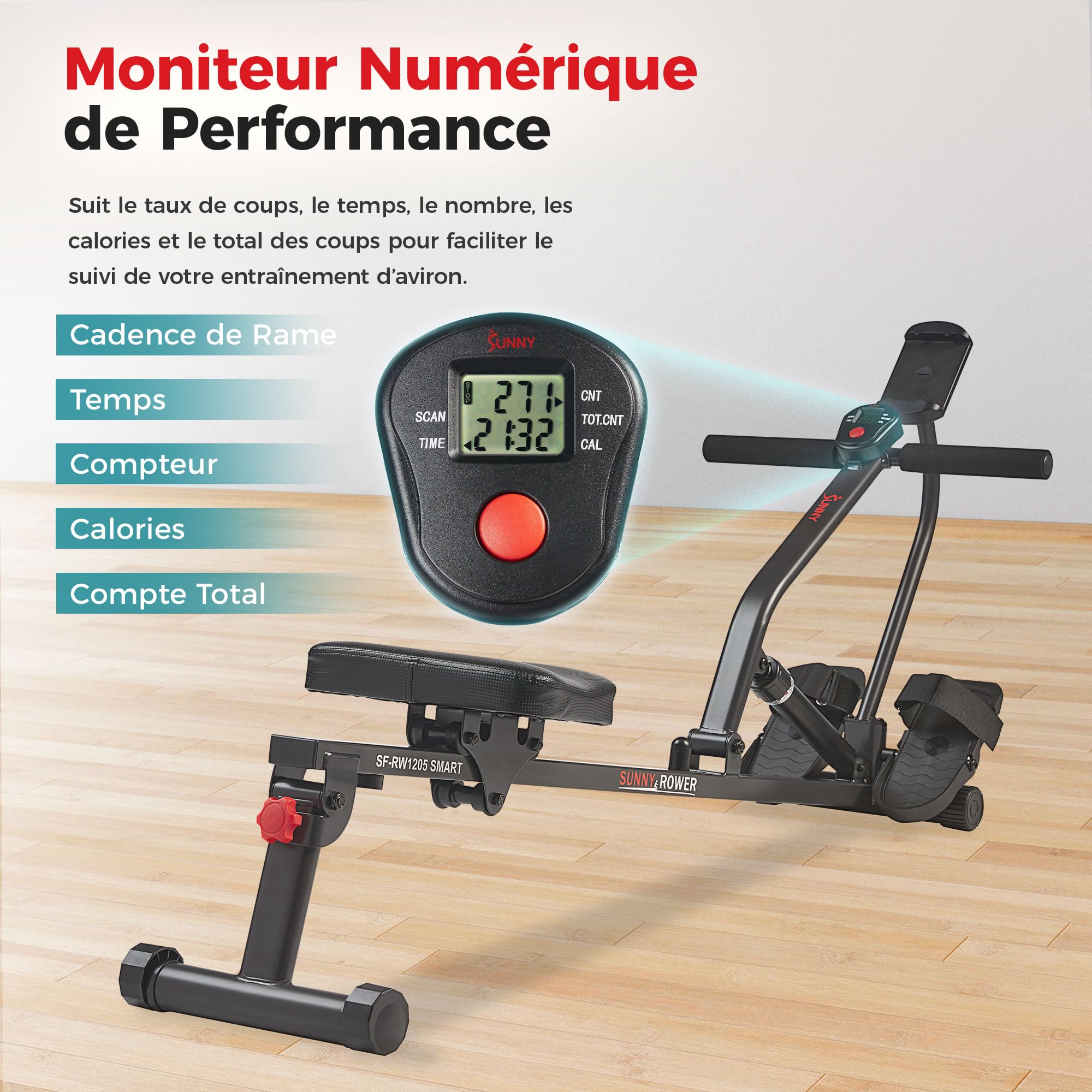 Sunny Health & Fitness Rameur de Fitness Compact 12 Niveaux de Résistance Réglable avec Connexion SunnyFit APP