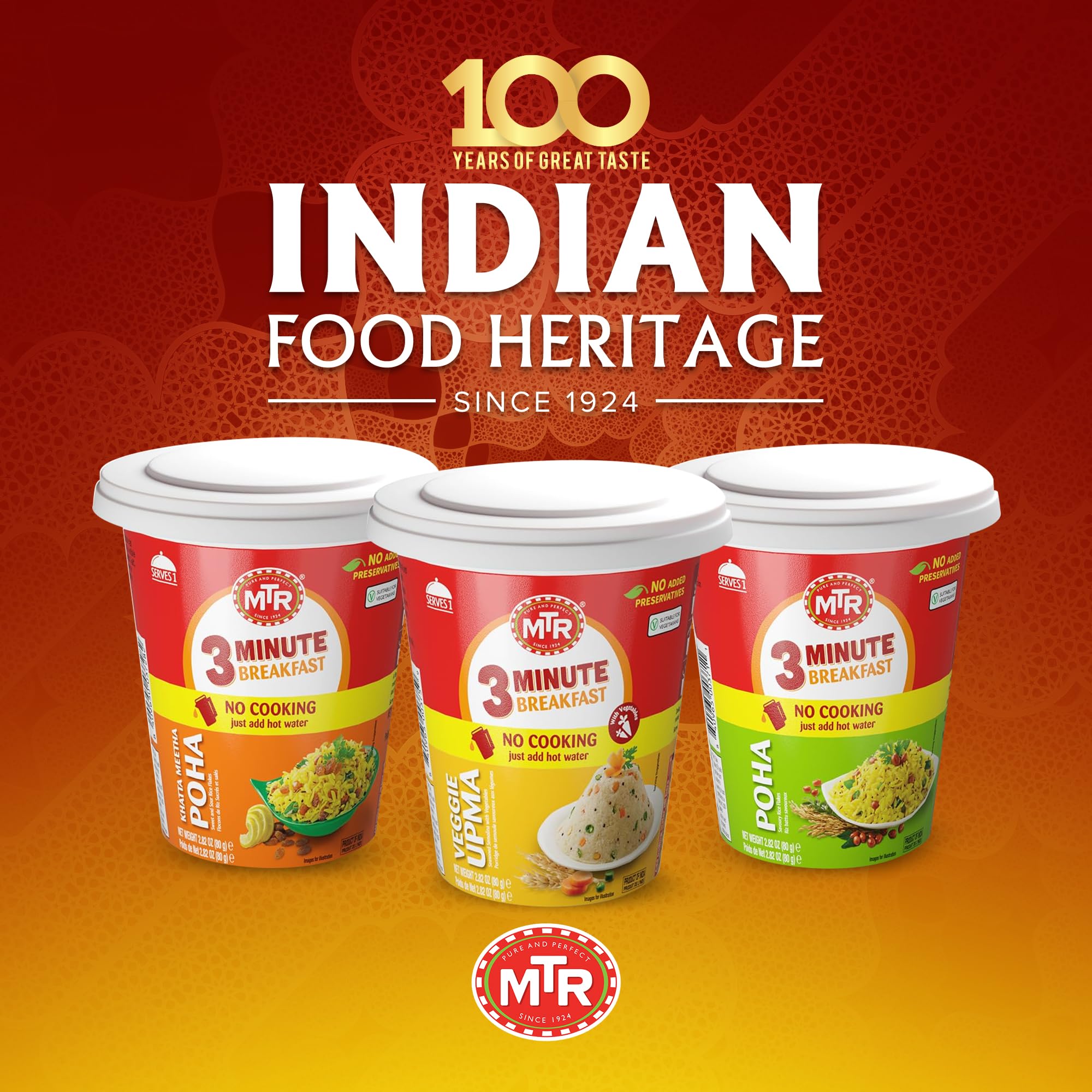 MTR 3minute Veggie Poha - Ready-to-Cook Mix - Authentic Indian Food in Just 3 Minutes - 100% Vegetarian - No Added Preservatives - Just Add Hot Water - Quick & Easy ((Veggie Upma Cup - 80g, Pack of 6)