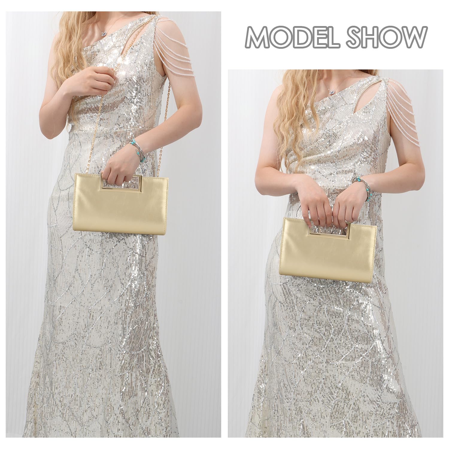 EVEOUT Pochette en Cuir PU Femmes Clutch Sac à Main de Soirée avec chaîne Sac à bandoulière élégant pour Mariage Plage Vacances(Or)