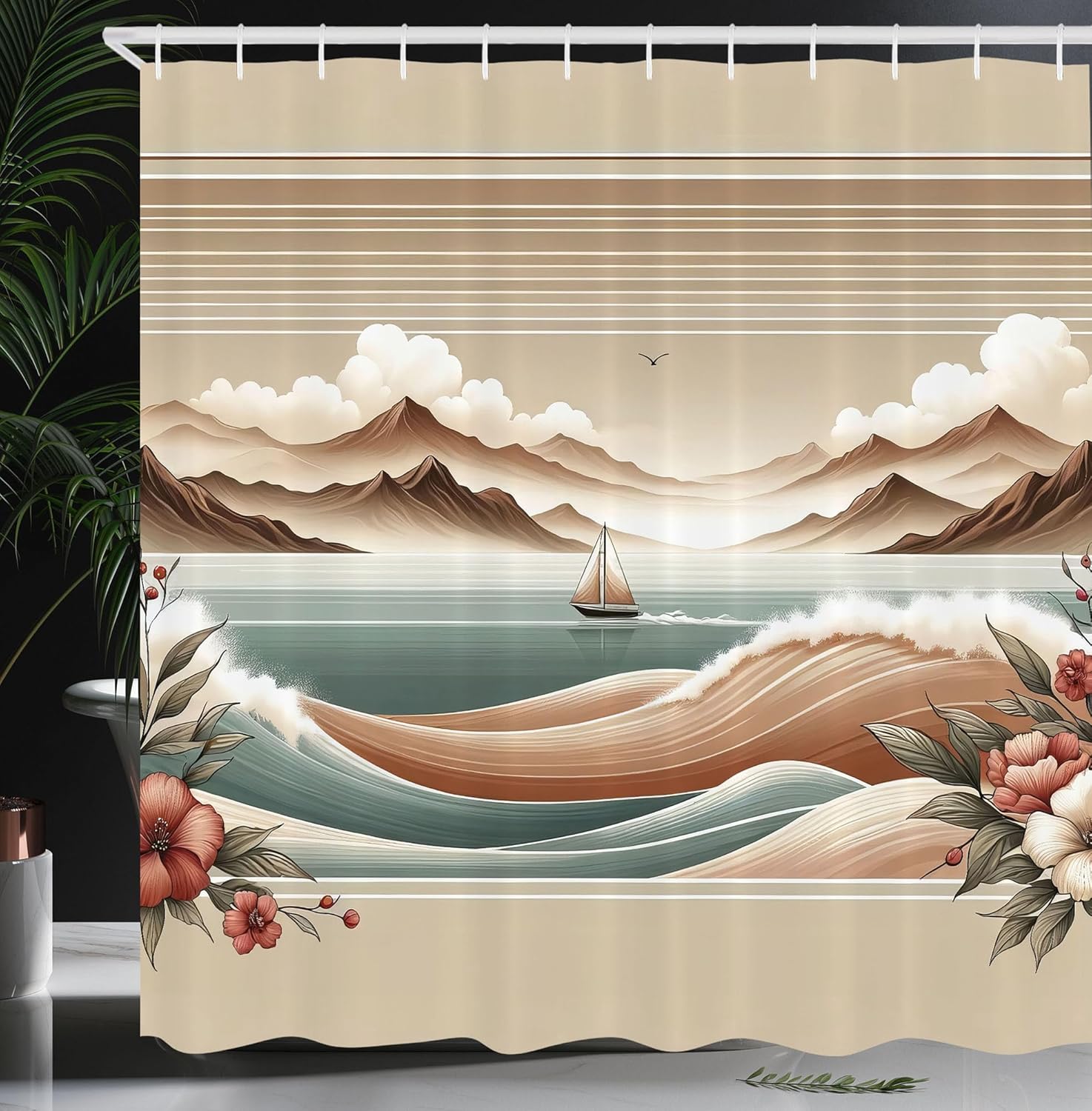 Ambesonne Leopard Shower Curtain, Blooming English Roses with a Wild Spotted Animal in a Tub Cottagecore, Cloth Fabric Bathroom Decor Set with Hooks, 69" W x 84" L, Reseda Green and Pink