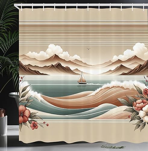 Miniatura 37 de Cortina de regadera de mundo marino, peces, estrellas de mar, formato arte moderno, decoraciones temáticas para niños para baño del hogar, Marrón