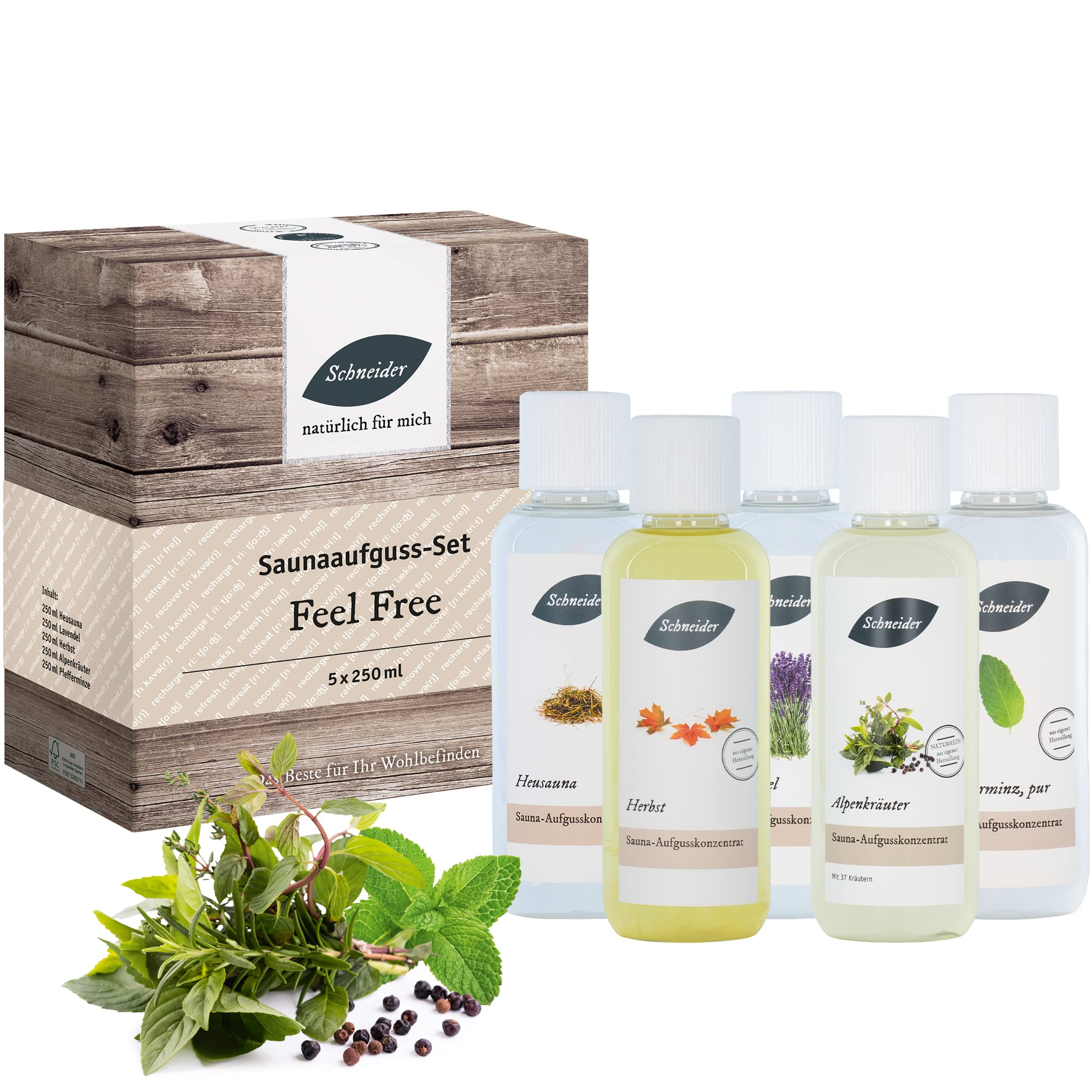 Saunabedarf Schneider - Aufgussset Feel Free 5 x 250 ml Inhalt - blumig-erdiger Saunaaufguss - wohltuender Mix