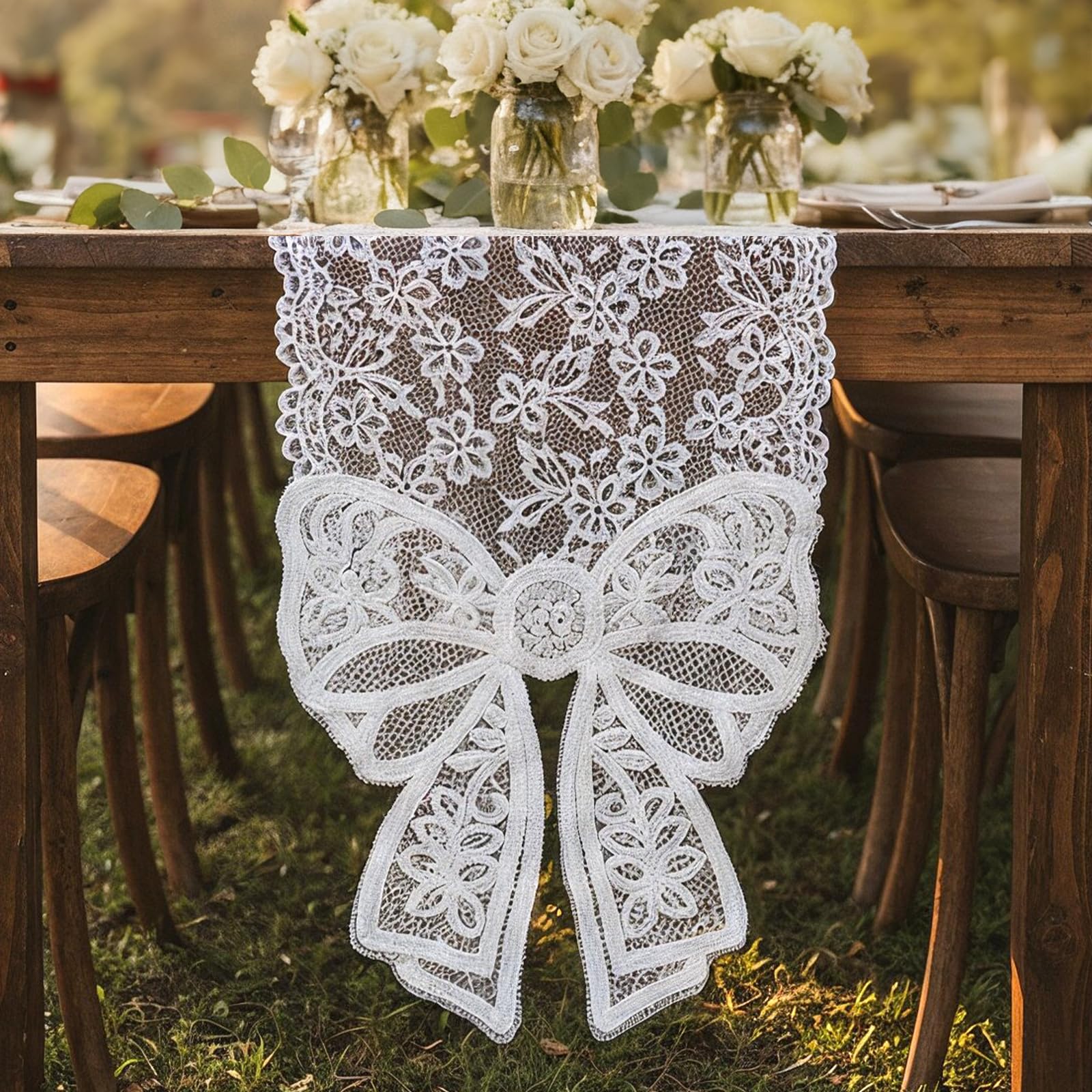 TIESOME White Lace Table Runner, Vintage Macrame Embroidered Design with Bow Ends for Wedding Dining Table Home Decor (12 x 71 Inch)