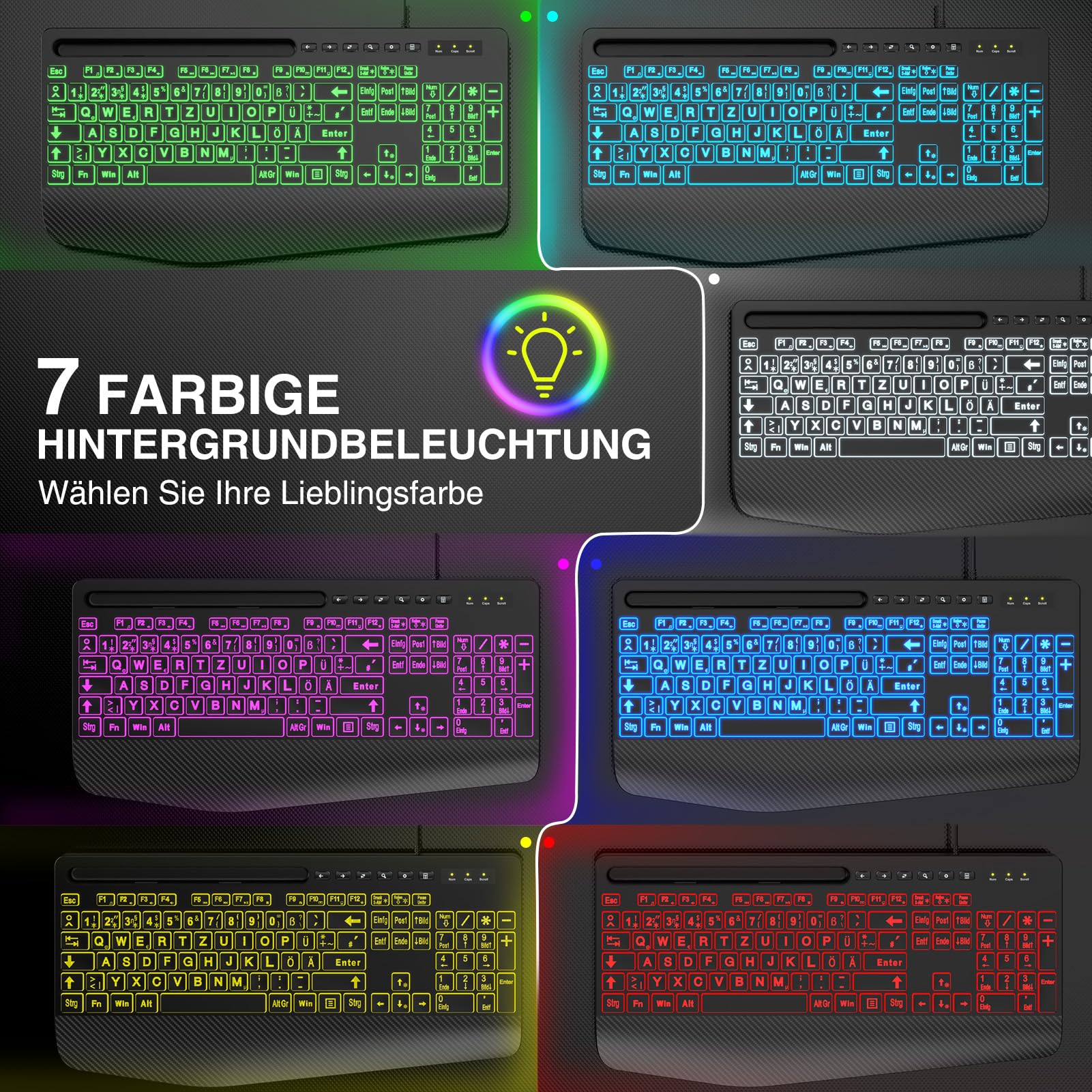 SABLUTE Tastiera Cavo USB illuminato ergonomico per PC - Retroilluminazione a 7 colori, grande pressione, supporto per telefono, facile da leggere