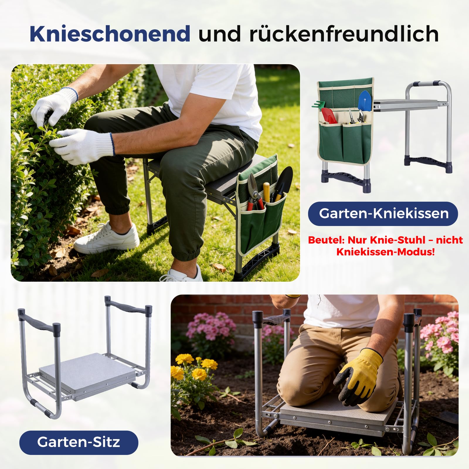 Garten-Kniebank, verbessertes rutschfestes Design & 27,5 cm Kniekissen – klappbar & tragbar, Kniehilfe für Gartenarbeit (bis 150kg), 1 Tasche, HBT 52x28x45cm Grün