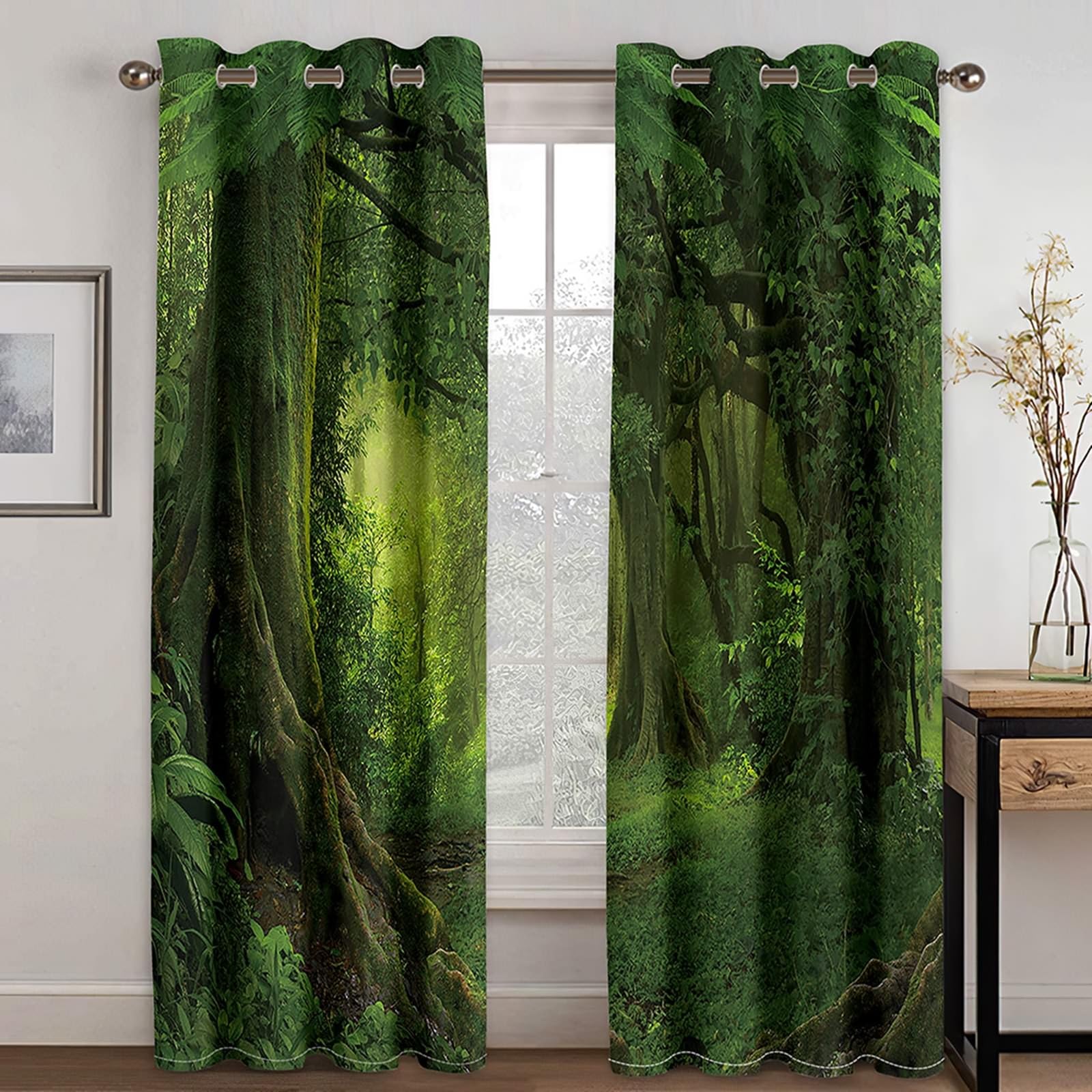 Gualiy Rideau Opaque Occultant, Rideaux Salon Moderne Forêt Vert Rideaux à Oeillets Lot de 2 107x214cm