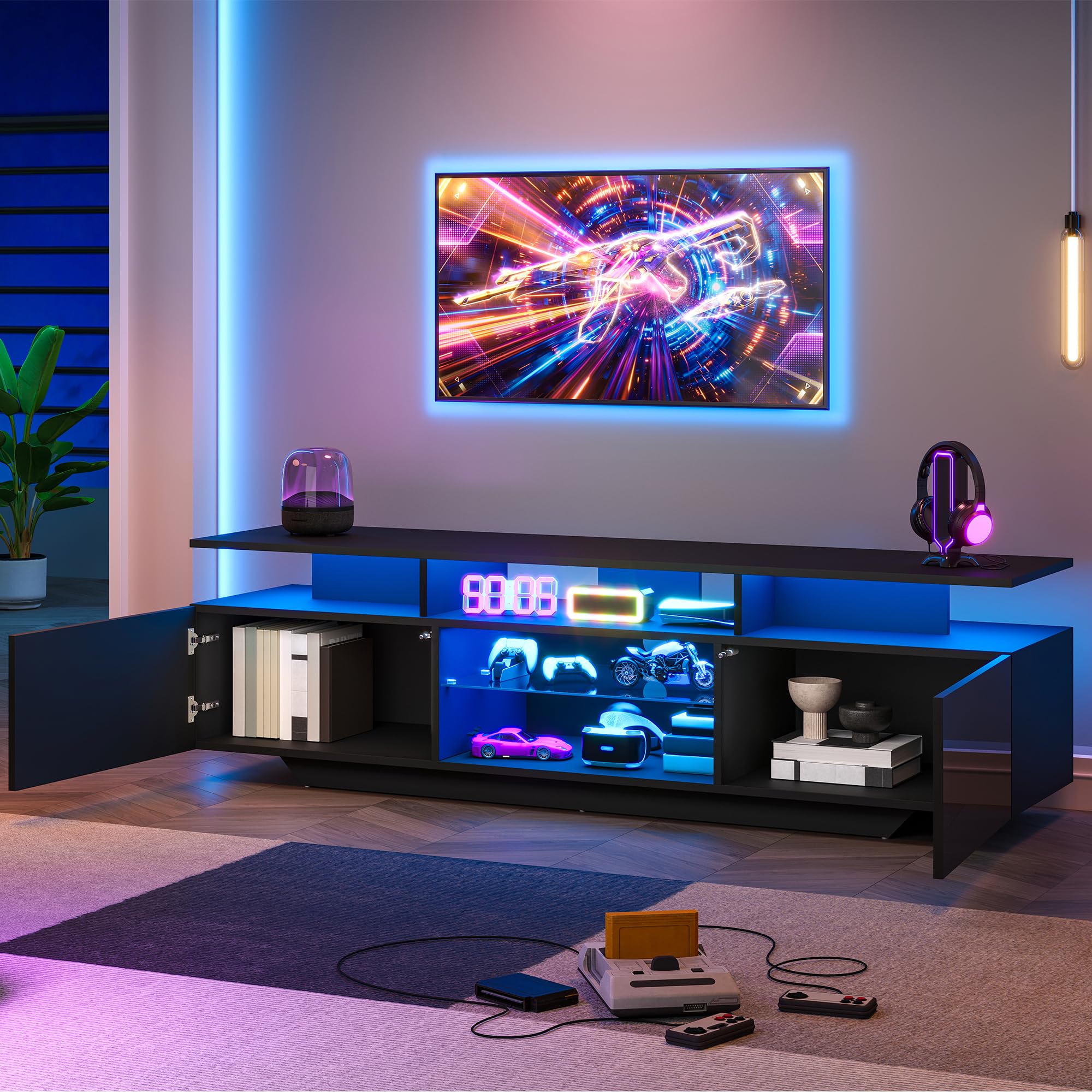 160 x 40 x 45 cm, szafka pod telewizor z 2 szafkami, szafka do salonu, szafka pod telewizor z listwą świetlną LED, nowoczesne centrum rozrywki z 8 półkami, MDF, telewizor 70", czarna