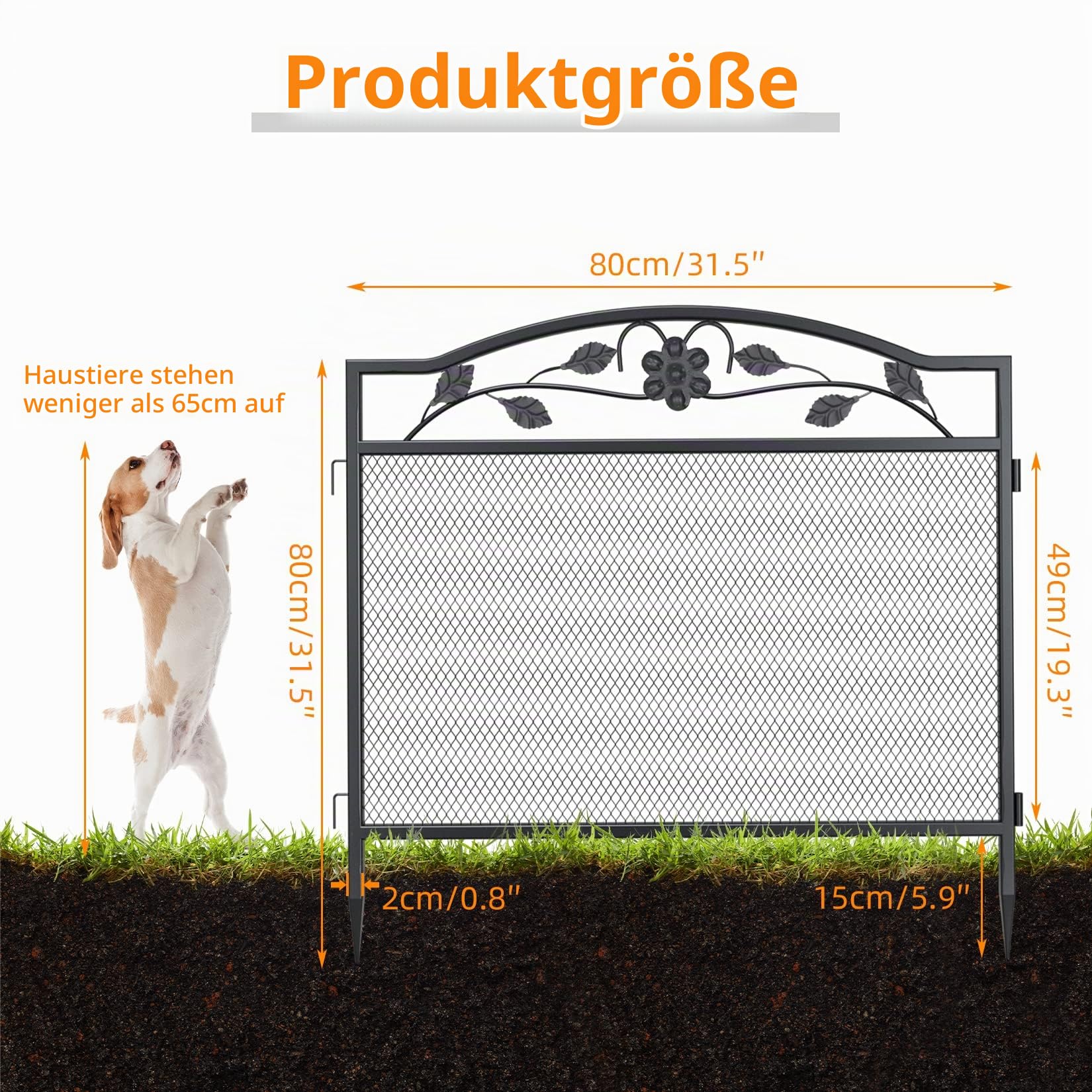 unho XXL Beetzaun aus Metall, Gartenzaun Beetumrandung 80cm hoch, schöner Dekozaun, mit Erdspießen, 5-teiliges Set, schwarz