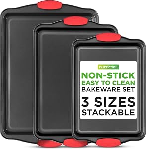 NutriChef Baking Sheet Set - 3 Piece Nonstick Cookies Sheets, Premium Quality Carbon Steel with Silicone Handles for Meal Prep, Sheet Pan Dinners, Roasting
