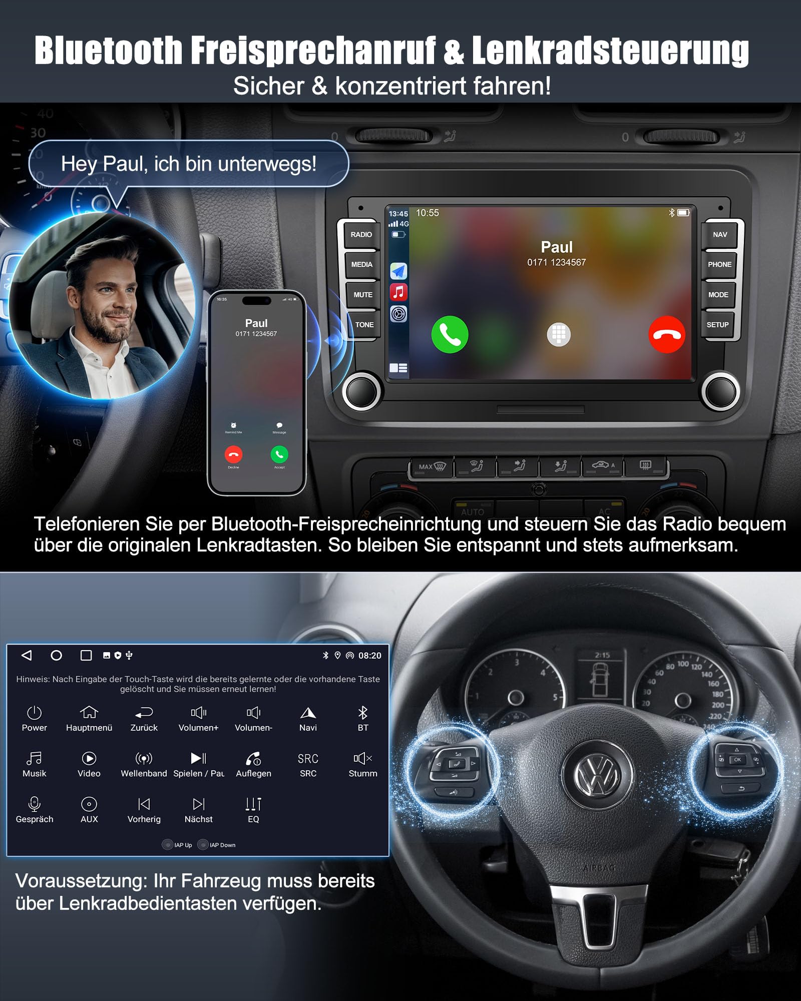 Lehwey Bluetooth Autoradio mit Bildschirm für Golf 5 6 VW Polo T5 Passat Touran Seat mit Navi WLAN FM/AM, Apple Carplay, Android Auto, Lenkrad Strg, 2Din Android 14 Dab Auto Radio Touch Display 7 Zoll
