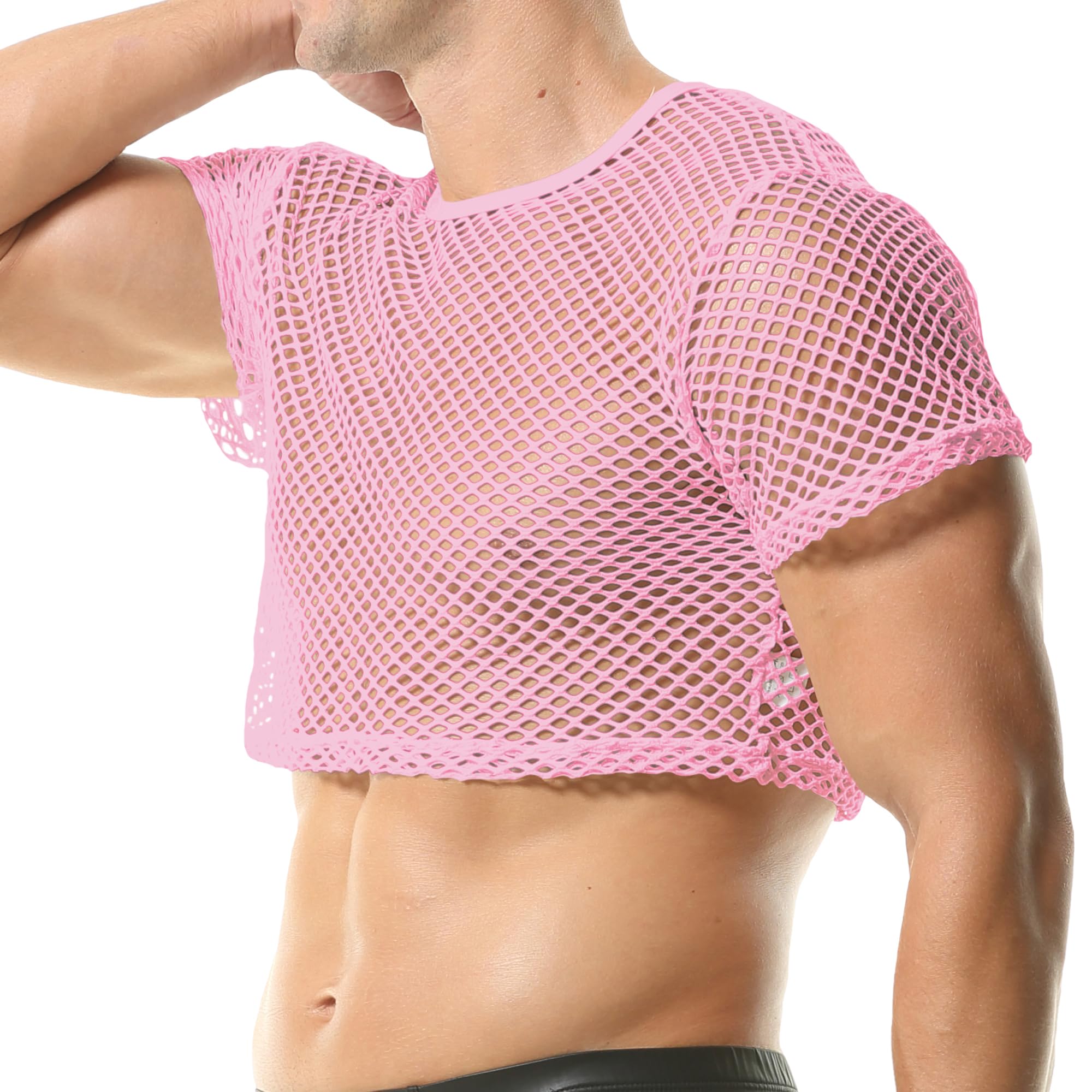 QiaTi Camisa de malla para hombre, transparente, manga corta, camiseta de malla, ropa interior sexy