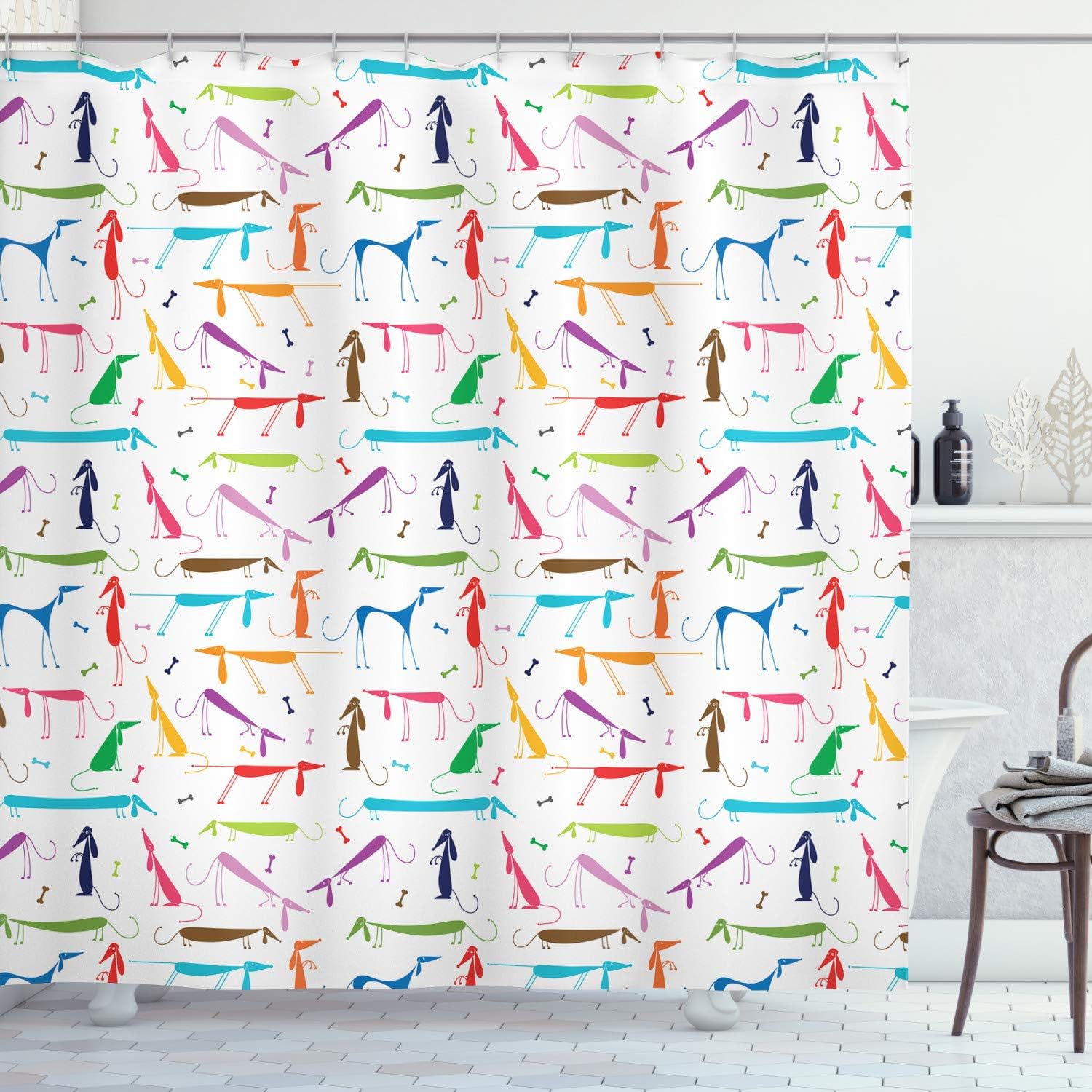 Ambesonne Dog Lover Shower Curtain, Dachshund Cartoon Doodles with Various Stances Pointing Smelling Running Standing, Cloth Fabric Bathroom Decor Set with Hooks, 69" W x 70" L, White Multicolor