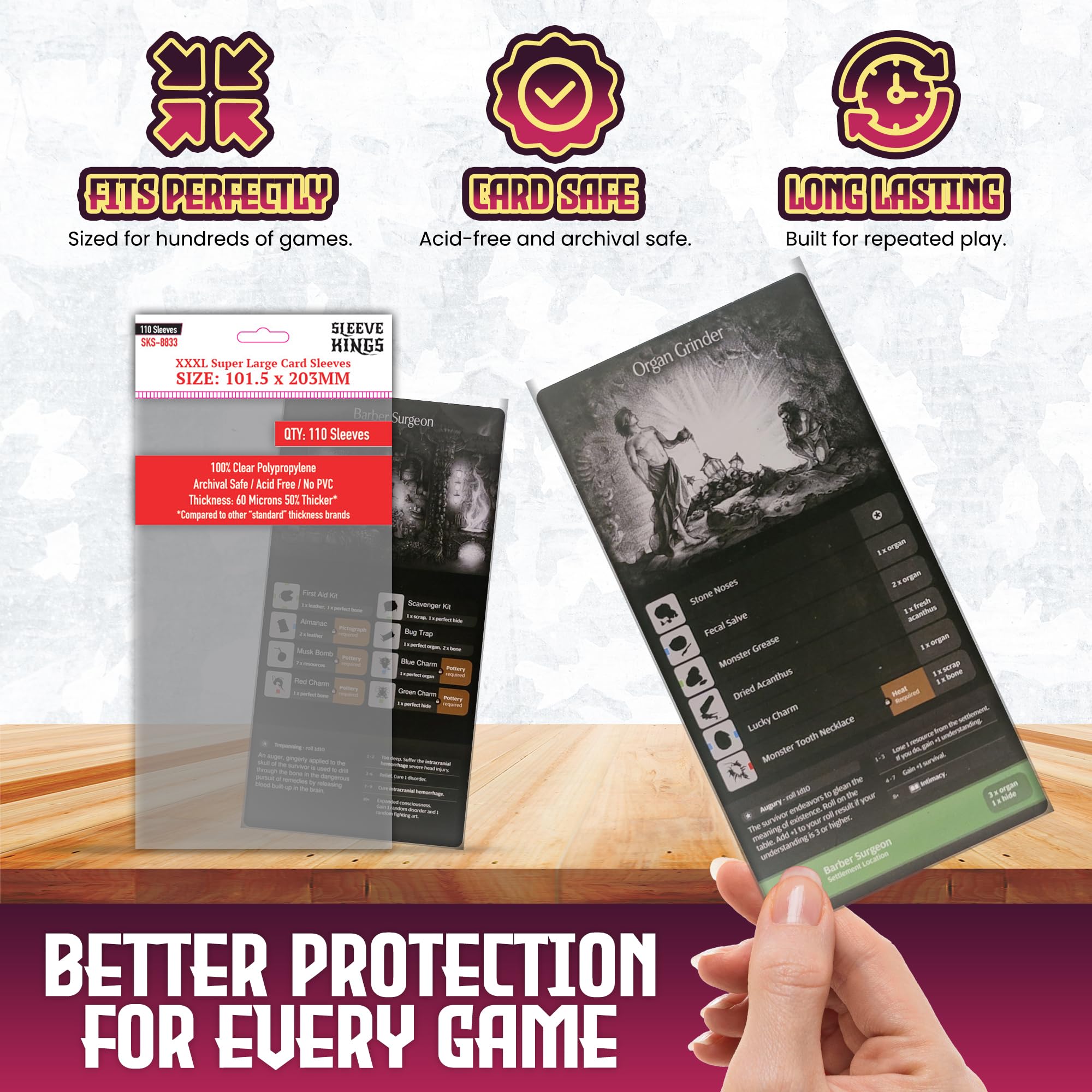 Amazon.com: Sleeve Kings Premium XXXL Super Large Card Sleeves –  101.5x203mm, 110 Pack, 60 Micron Thick, Extra Clear, Acid-Free, PVC-Free,  Compatible with Kingdom Death: Monster, Star Wars: Outer Rim & More :