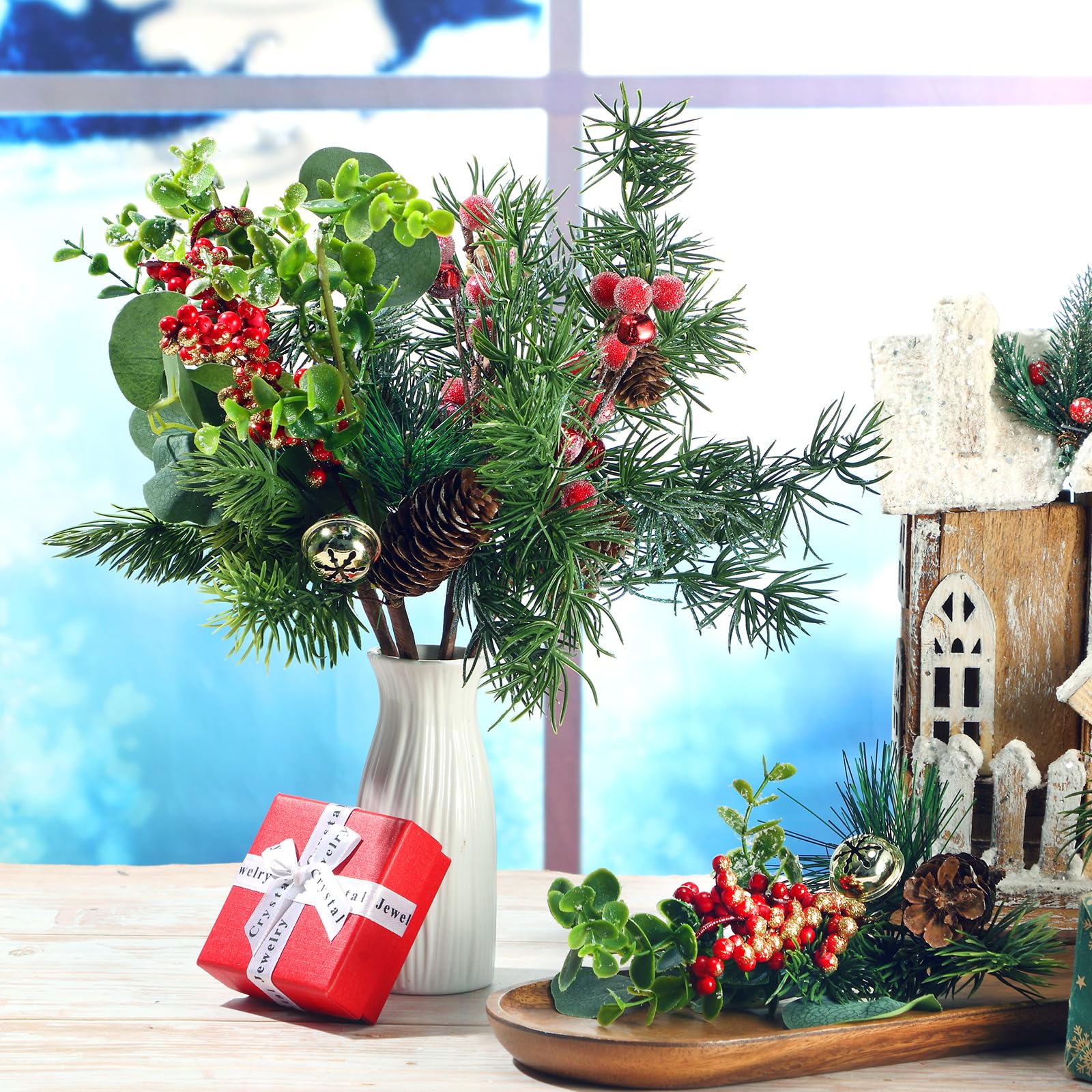 Syhood Lot de 12 pics de Noël artificiels de 30,5 cm avec branches de baies, houx, pommes de pin pour travaux manuels de Noël, décoration de vacances d'hiver