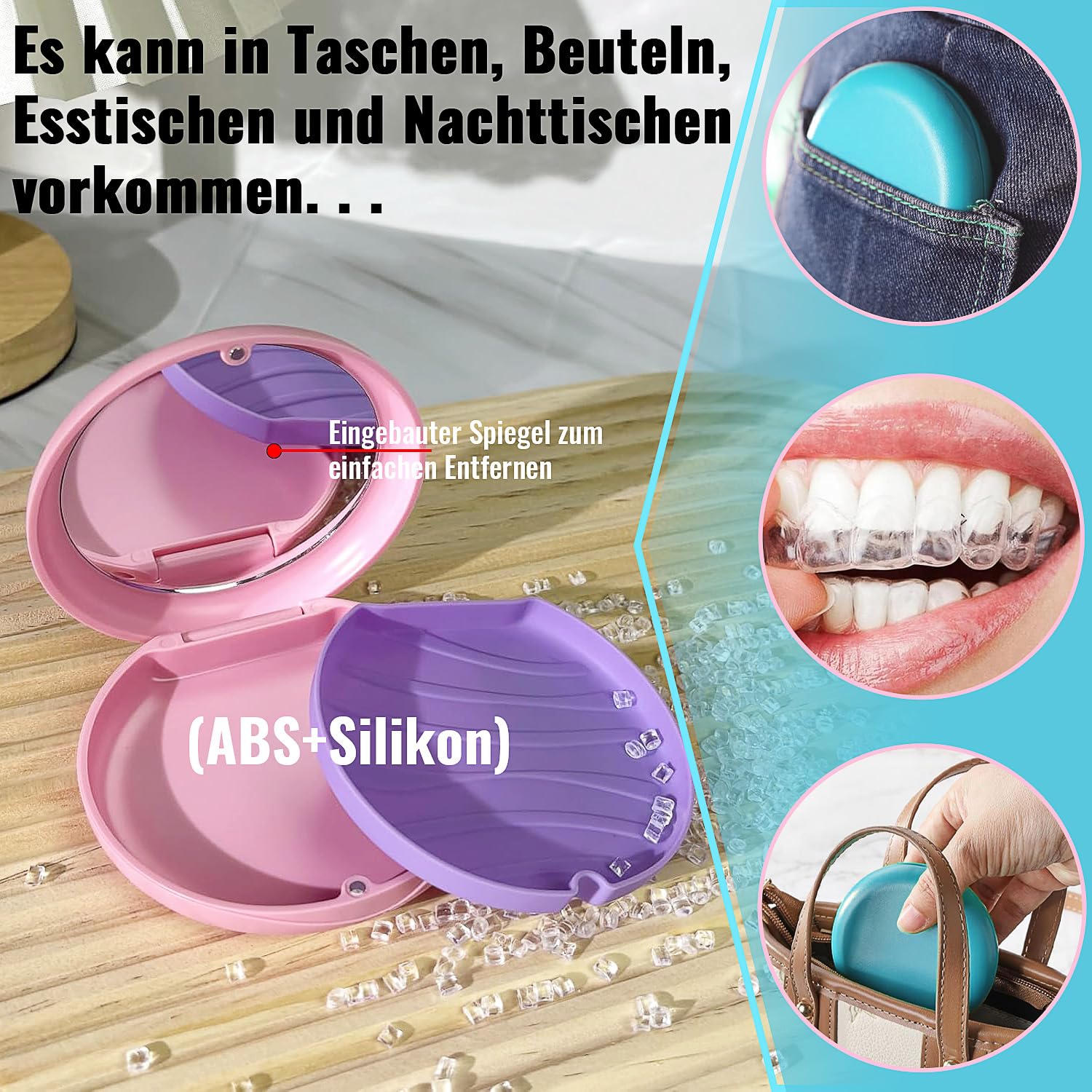 Caja de Dentaduras Portátil con Espejo 2 PC para Retenedores Soportes Protectores Bucales Azul y Rosa