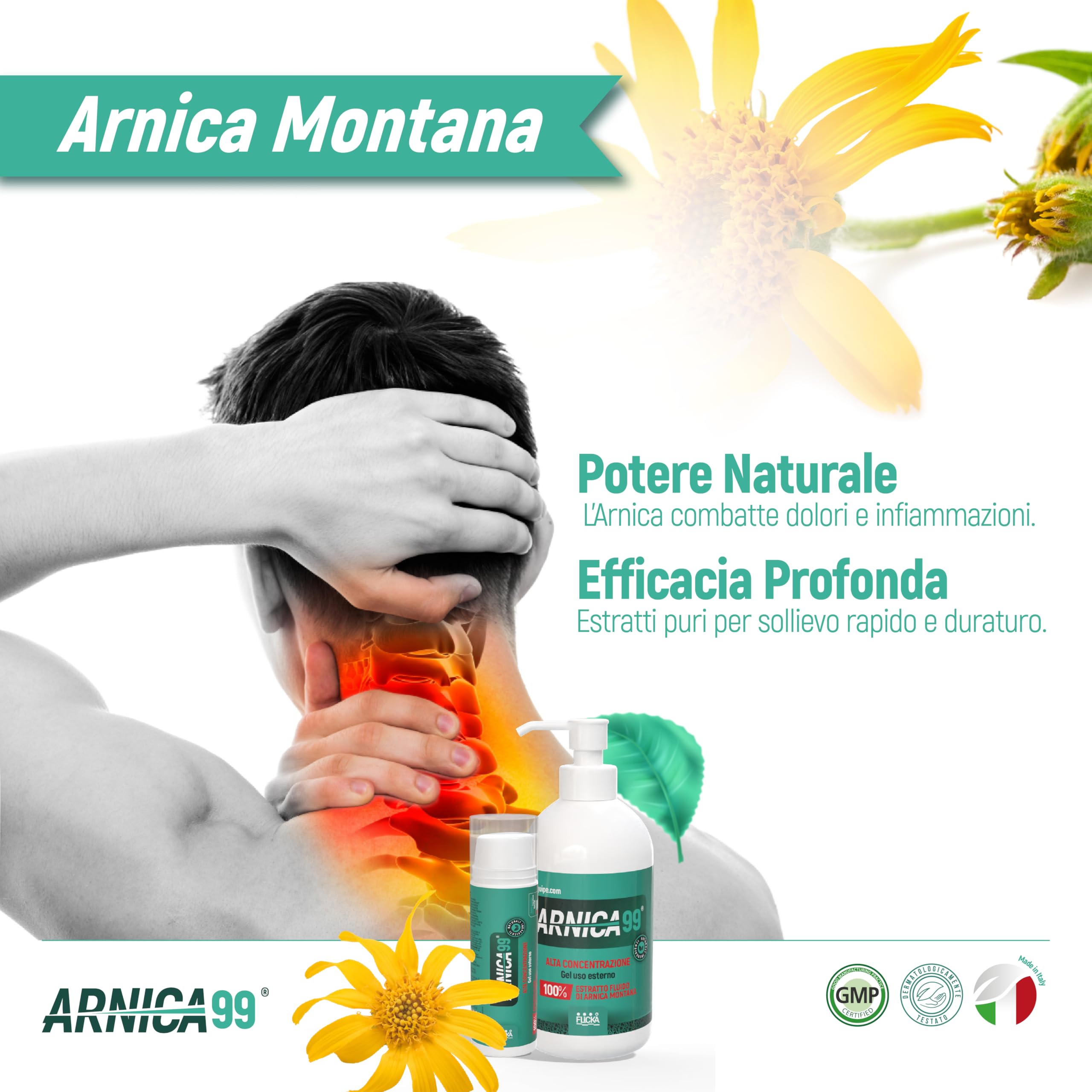 Árnica para caballos de uso humano Flicka - Extracto fluido 100% extra fuerte e intenso Made in Italy masaje músculos y articulaciones Origen natural dermatológicamente testado Envase 500 ml (botella)