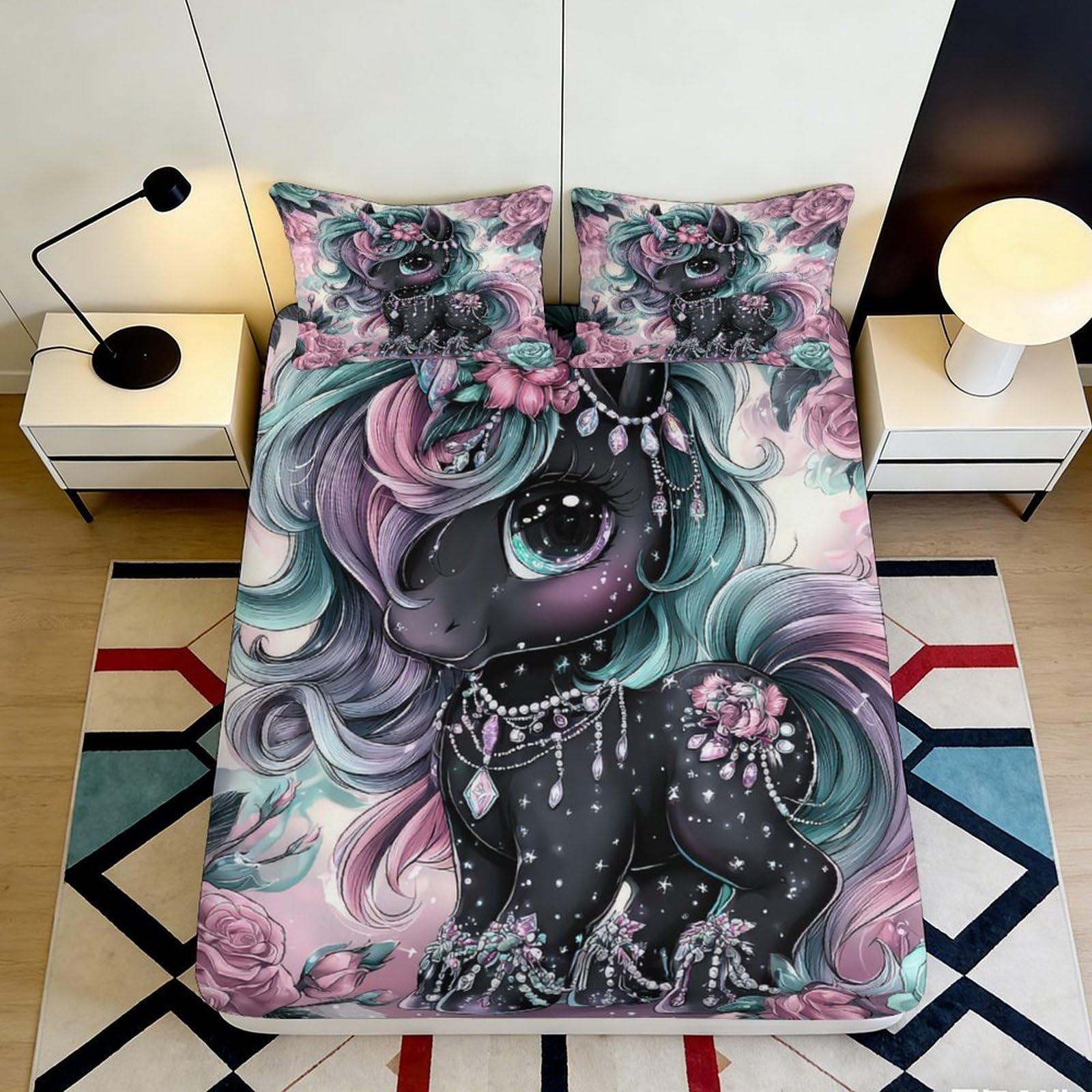 3D Printed Fantasy Unicorn Fitted Sheet Microfiber Soft Pastel Floral Mattress Cover Bedroom Dorm Decor 120x200cm 160x200x25cm