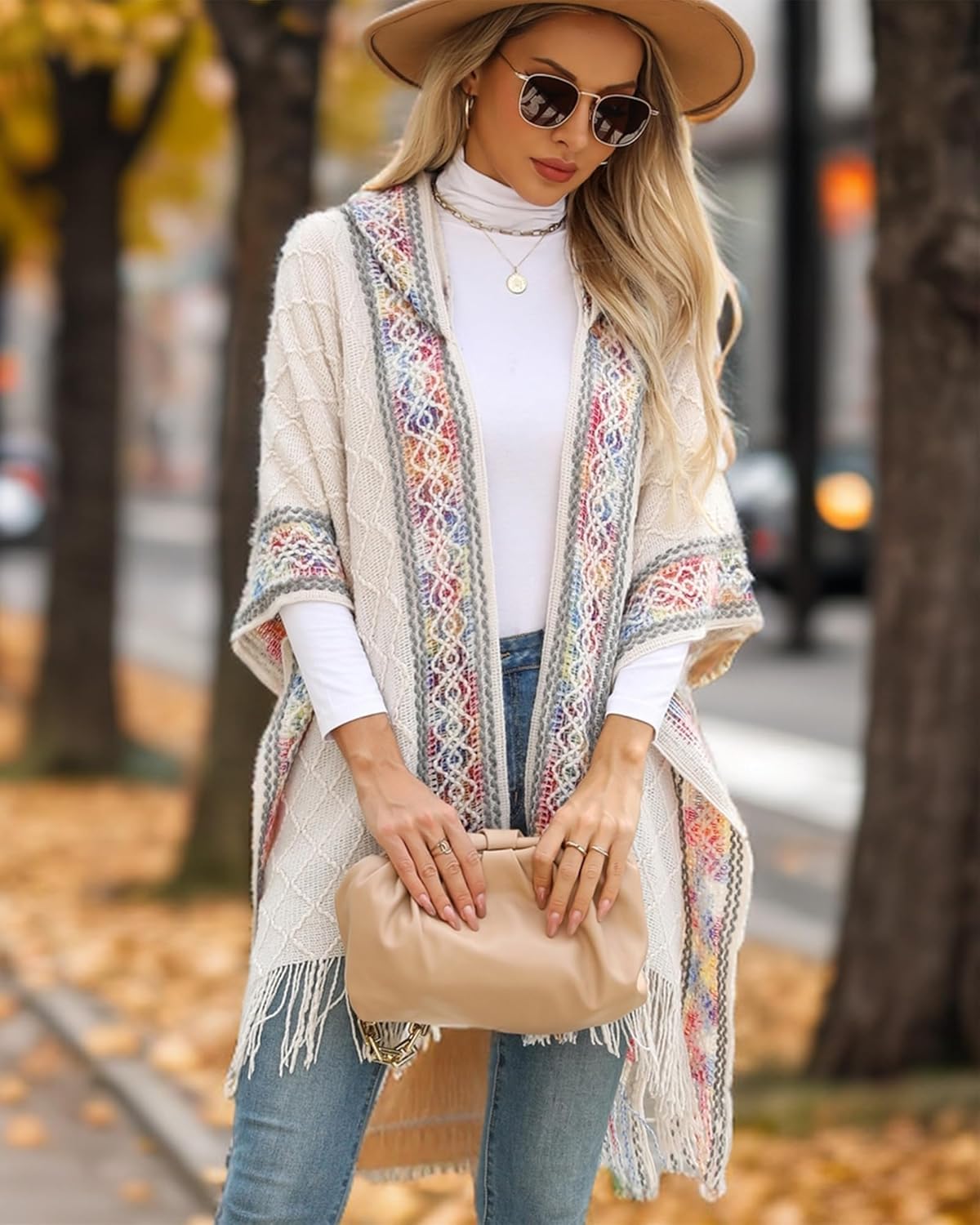 Bsubseach Knit Shawl Wraps for Women Soft Fringe Poncho Sweater Cape with Hooded for Fall Winter - Image 2