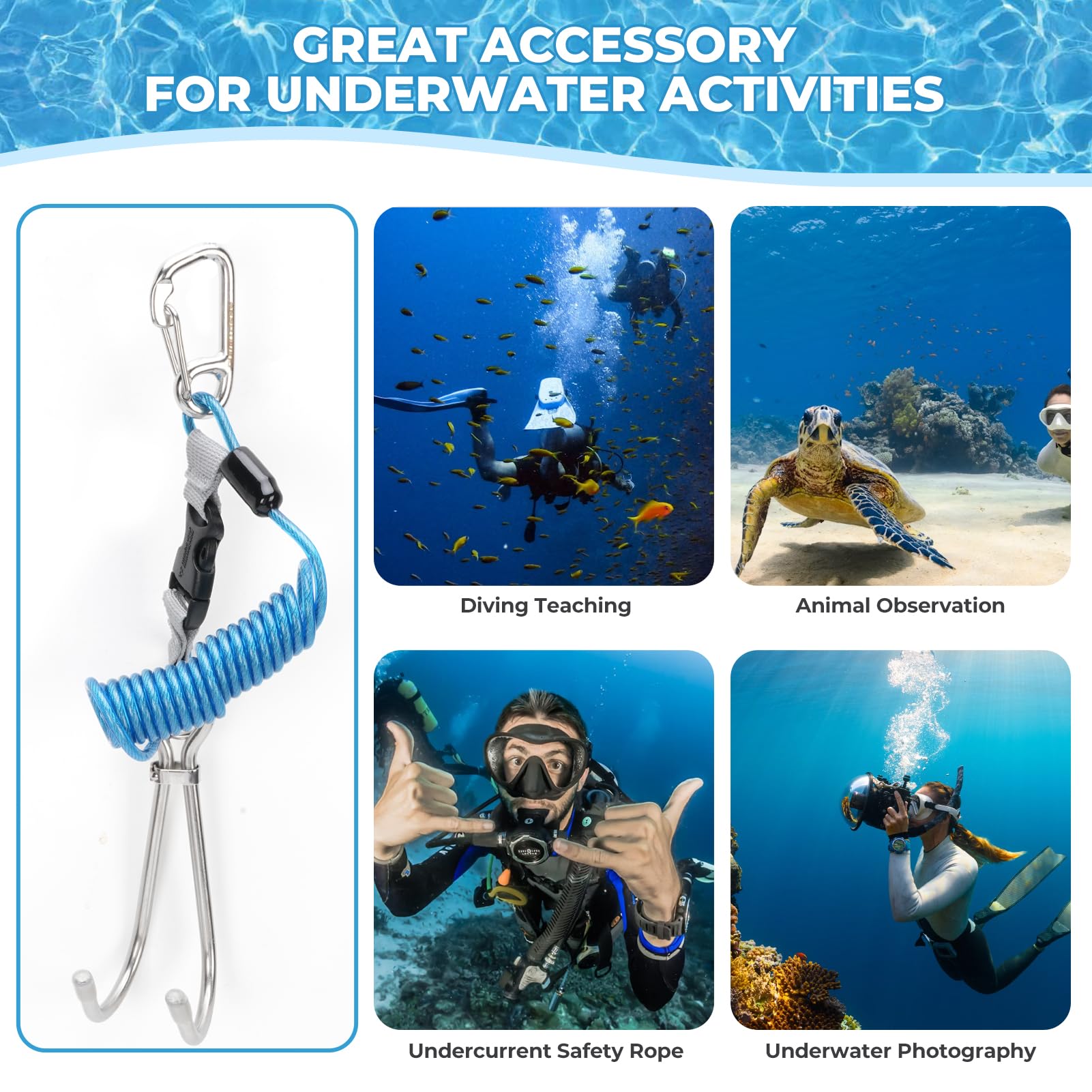 Tbest Riffhaken Tauchen Edelstahl Riffhaken Mit Spiralkabel Scuba Diving Reef Haken Edelstahl Reef Hook Tauchhaken Scuba Safety Zubehör mit Spiral Coil Lanyard Schnellverschluss