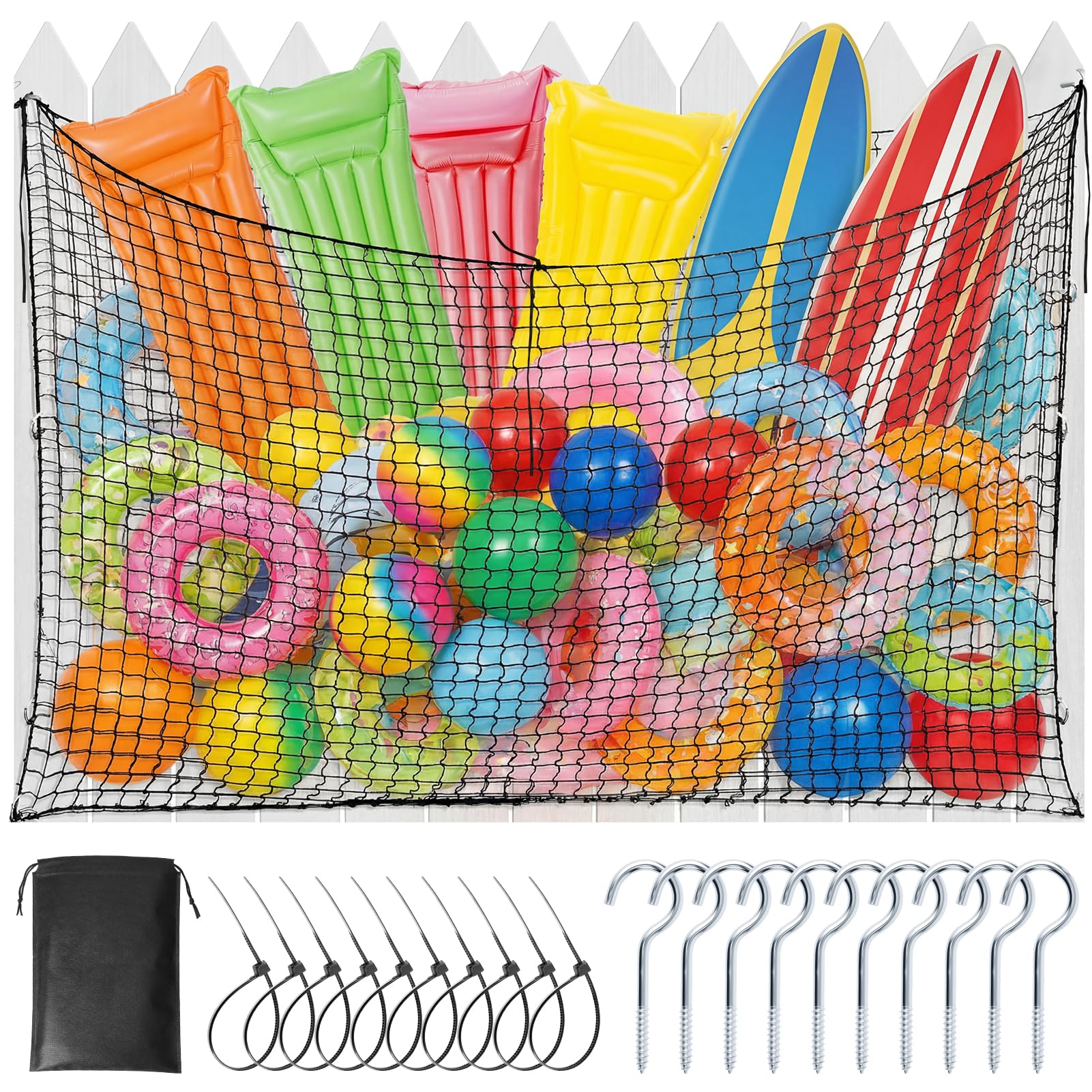 Extra Large Pool Float Storage Bag,79×47 in Hanging Pool Toy Organizer with 10 Hooks & 10 Zip Ties,Mesh Pool Storage Net for Inflatable Floats, Rafts, Balls, Pool Accessories
