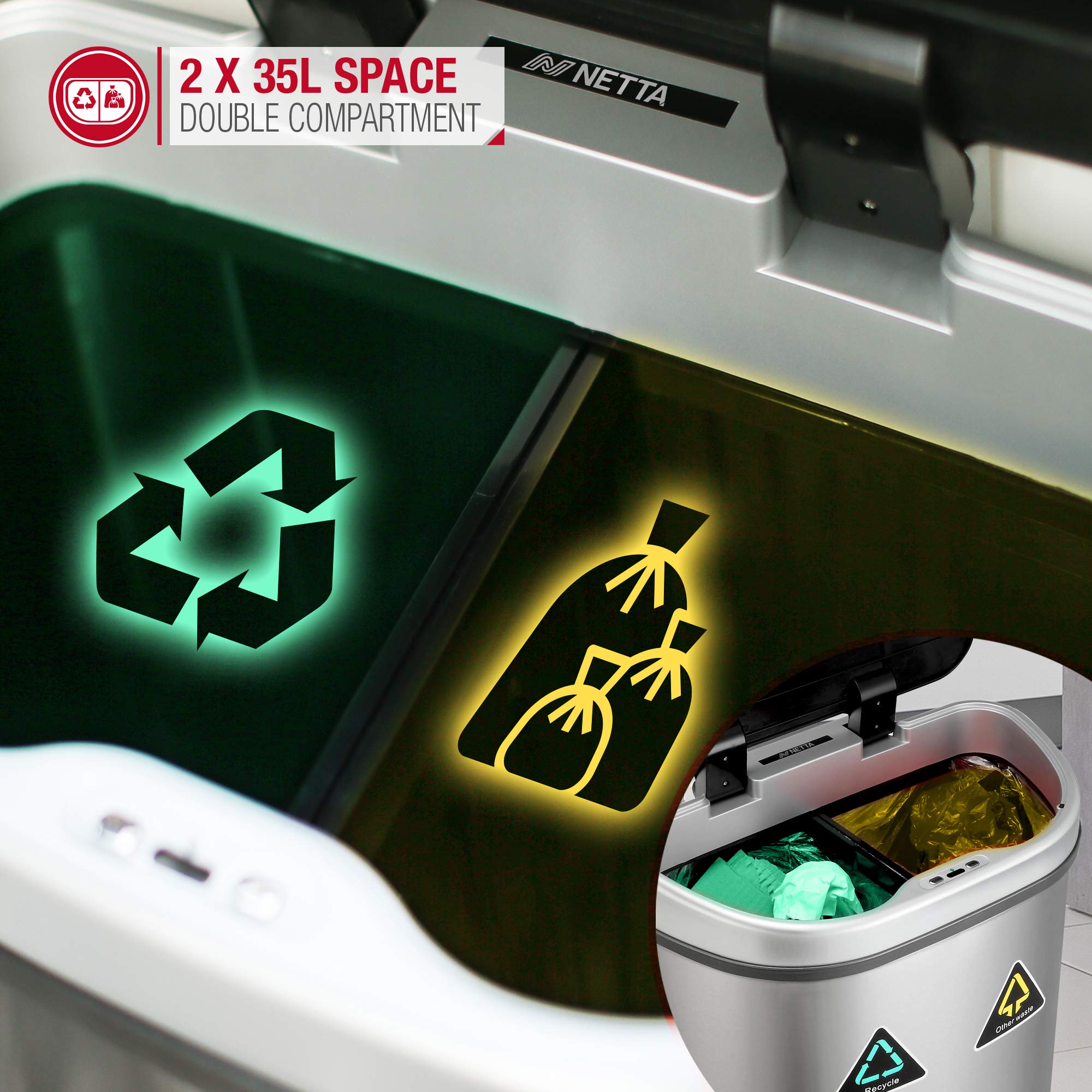 NETTA 70L Kitchen Recycling Sensor Bin Large TouchFree Automatic