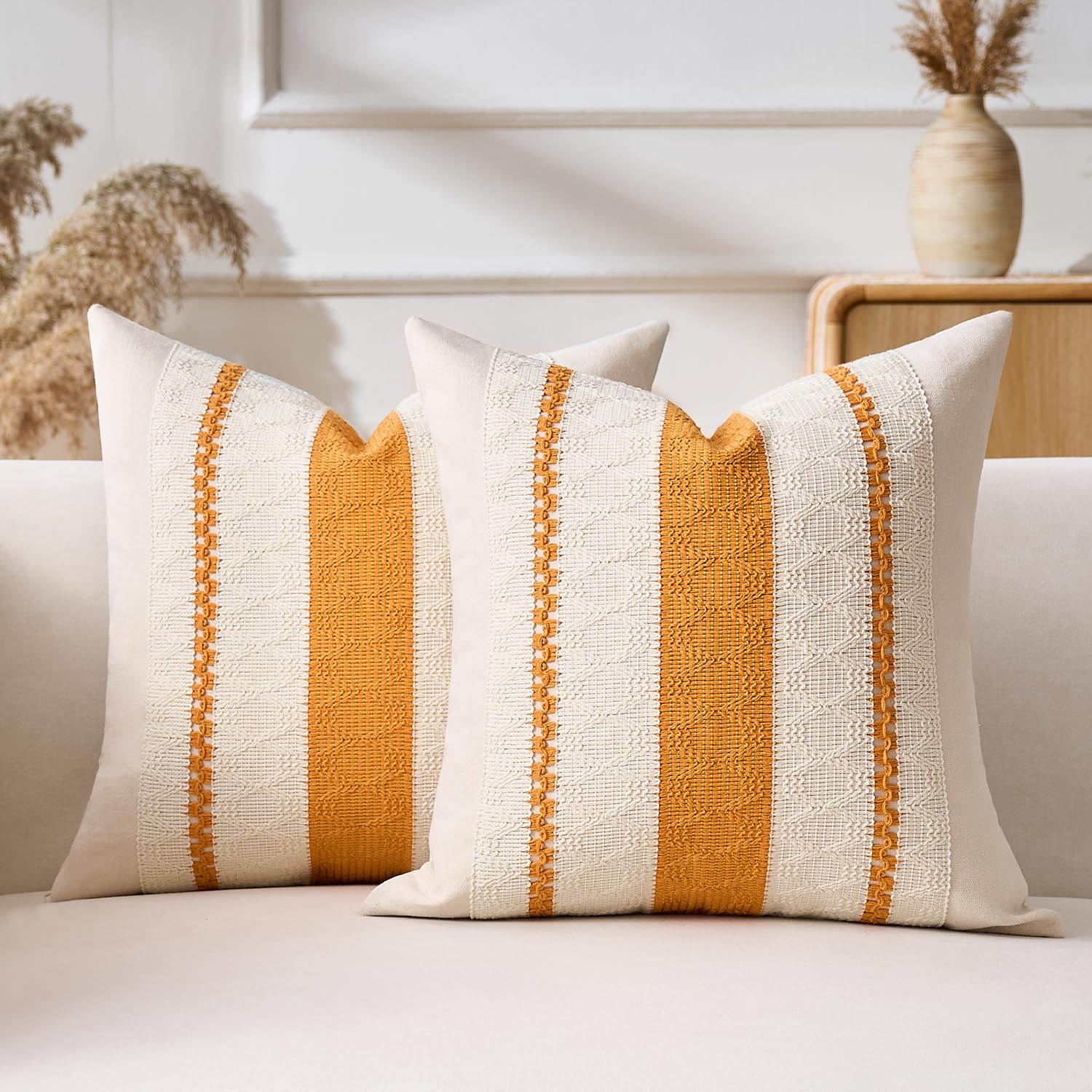 Aisybaklyn Cushion Cover, 45 x 45 cm, Modern Decorative Cushion Covers, Boho Decorative Cushion Covers, Cotton Sofa Cushion, Yellow Striped, Woven Farmhouse Decorative Cushion Decoration for Sofa — image 1