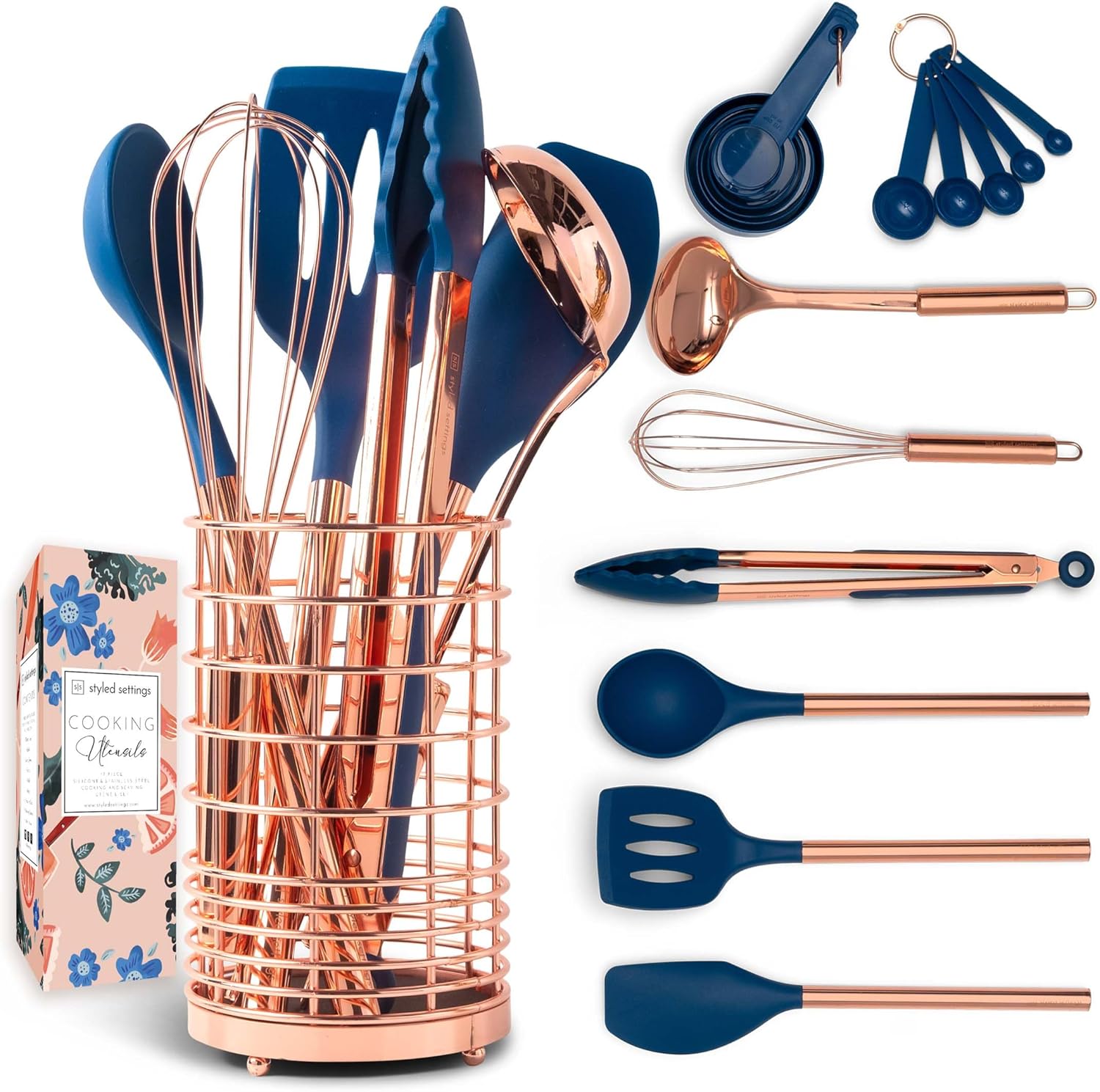 Styled Settings 33-Piece Blue and Copper Kitchen Bundle – 17-Piece Utensil Set, 8-Piece Magnetic Measuring Spoons, and 8-Piece Gold Stainless Steel Measuring Cups