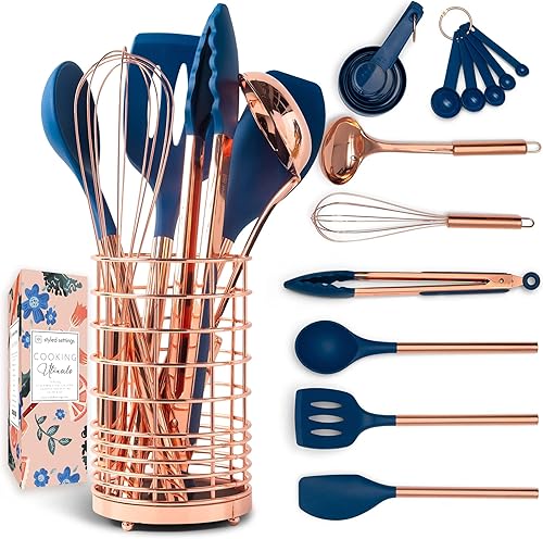 Miniatura 2 de Styled Settings Paquete de cocina azul y cobre de 33 piezas, juego de utensilios de 17 piezas, 8 cucharas medidoras magnéticas y 8 tazas medidoras