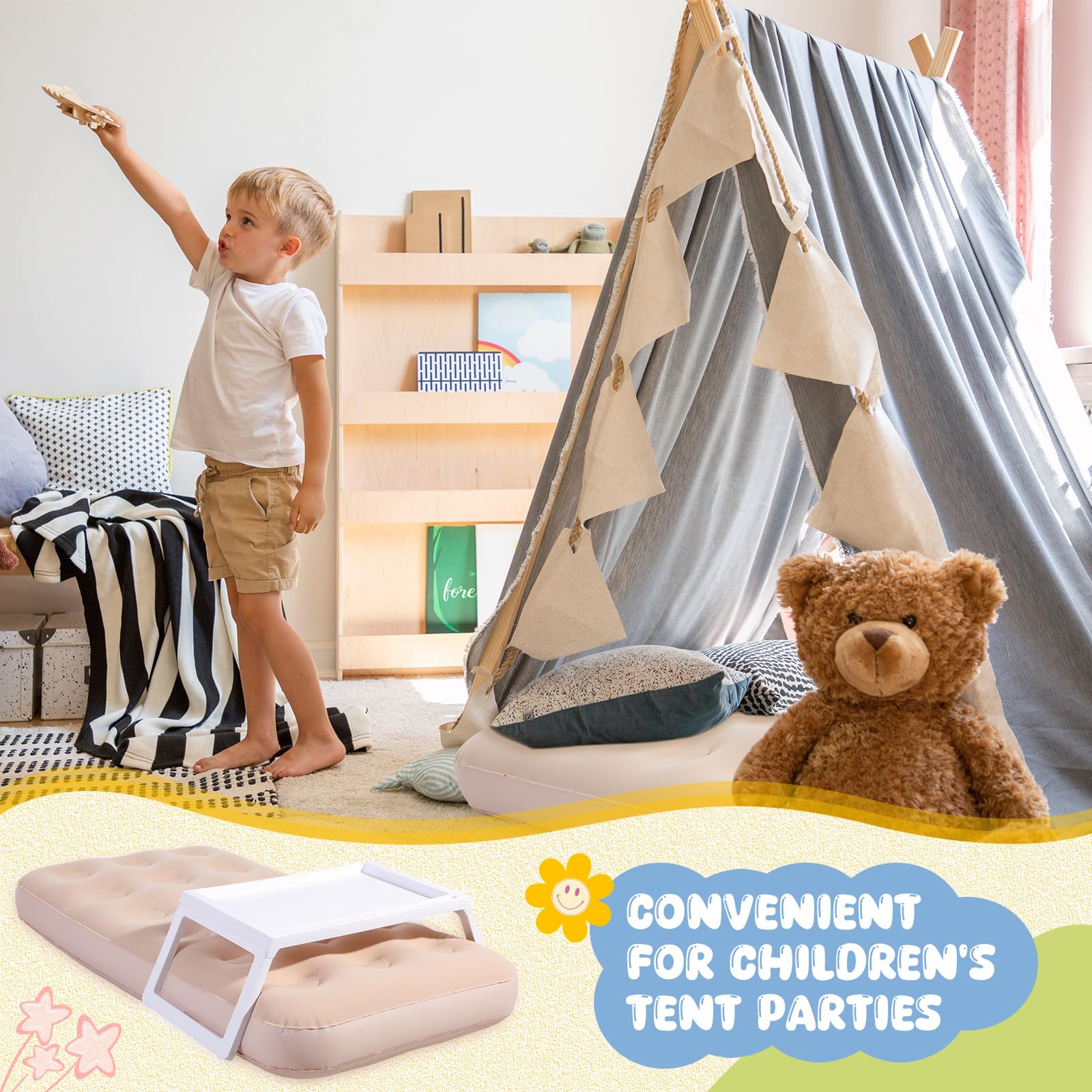 GlikCeil 8 Pcs Kids Air Mattress Inflatable Bed and Plastic Breakfast in Bed Tray Folding Table 4 Set Kids Air Mattress and Plastic Tray Folding Table for Home Travel Camping Kids Sleepover Party