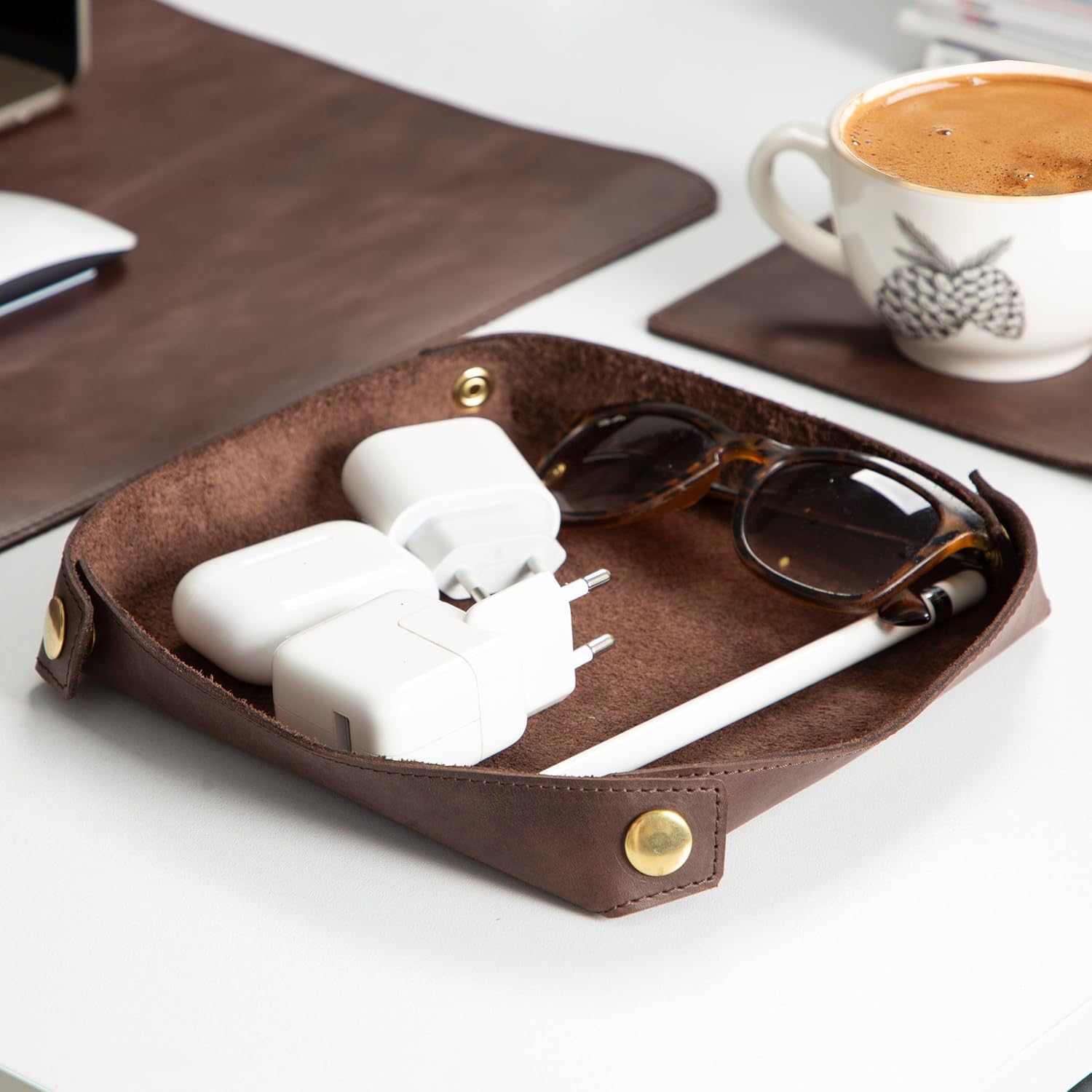 Genuine Leather Desk Mat (32" x 16"), Desk Organizer & Cup Coaster - Leather Office Set - Premium Handmade Office Accessories for Elegant Workspace - Dark Brown