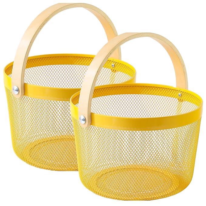 UMAI Metal Basket for Storage (2Pcs - 26 * 26 * 18cm) Laundry Basket for Clothes with wooden handle| Sturdy Handle | Anti Rust Surface | Home Storage Organizer | Yellow