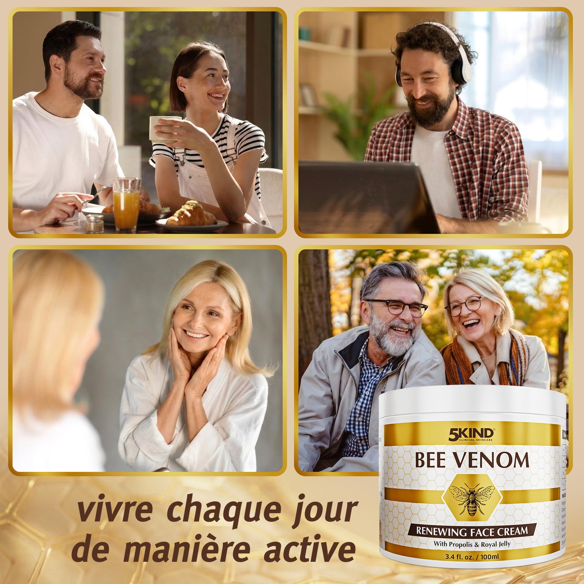 Crème Visage Régénérante au Venin d’Abeille 5Kind avec Propolis & Gelée Royale 100 ml - Crème Anti-Âge au Venin d’Abeille pour Femmes & Hommes - Crème au Venin d’Abeille contre les Rides