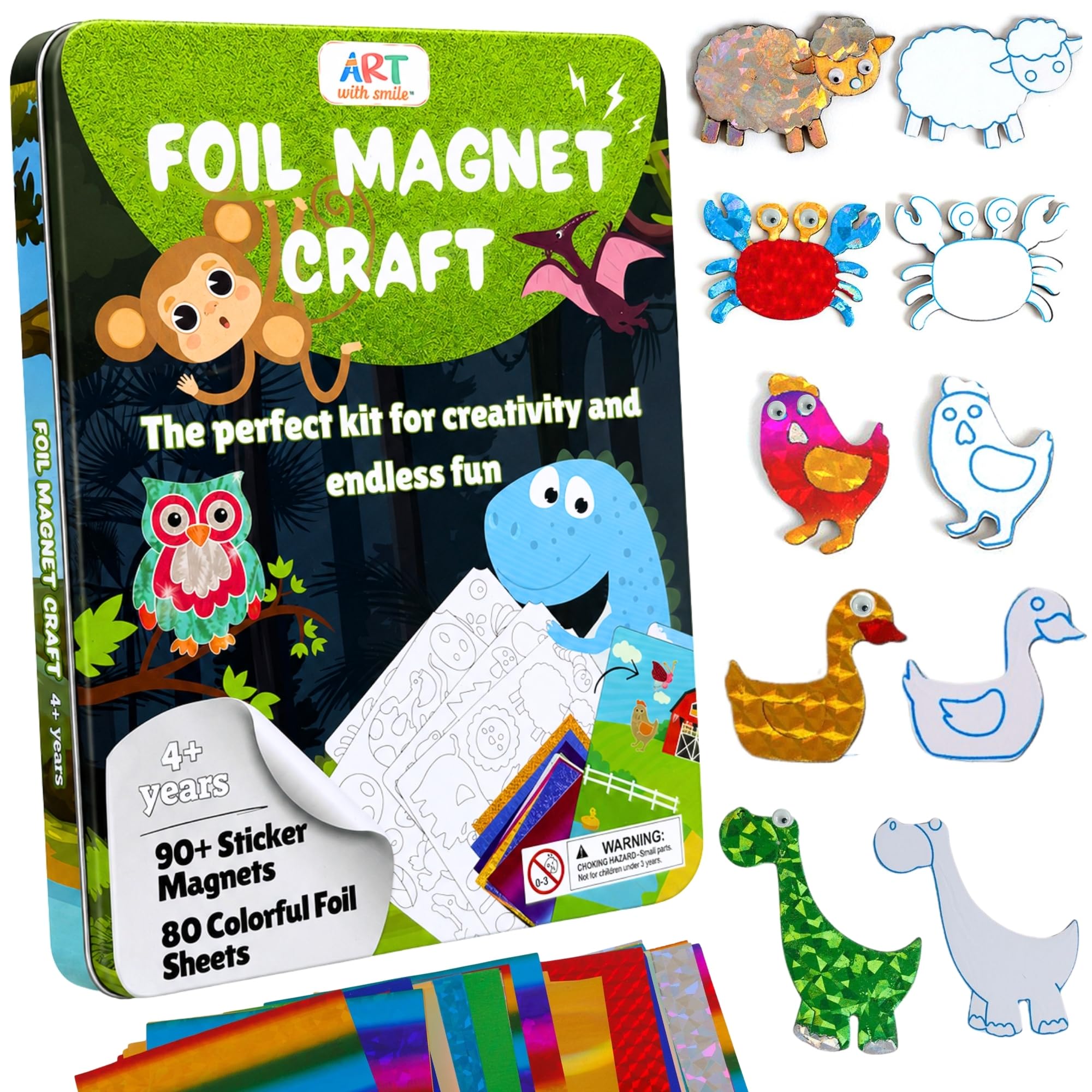 Kit de arte divertido de aluminio para niños en caja de estaño, arte de papel de aluminio reutilizable para niñas y niños, kit de manualidades para niñas sin desorden con imanes, juguete de viaje