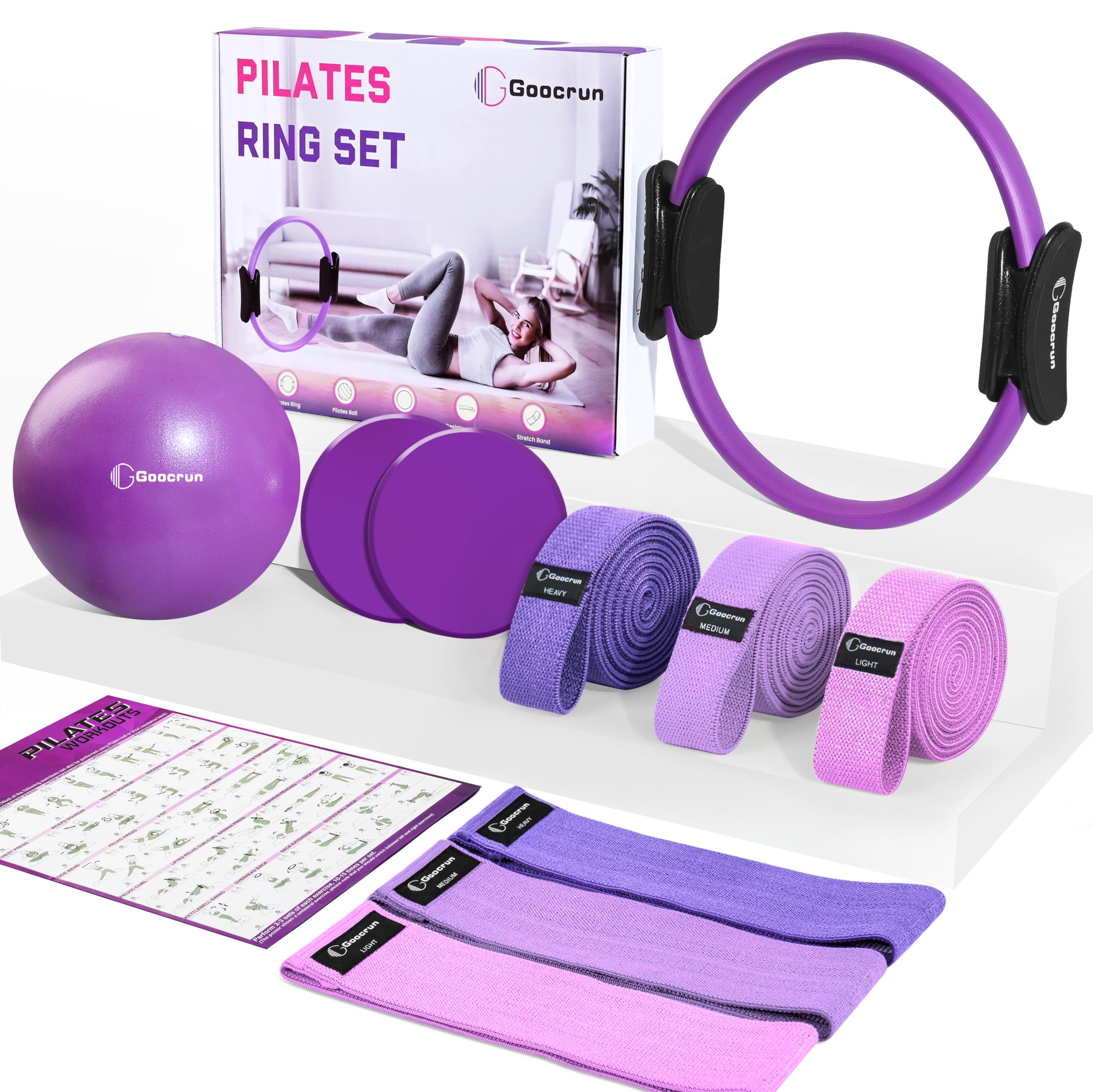 Goocrun Zestaw pierścionków do pilatesu, przyrząd treningowy z materiałowymi taśmami oporowymi, piłka do pilatesu, tarcze ślizgowe – przyrząd treningowy do domowej siłowni, łącznie z kompletnym