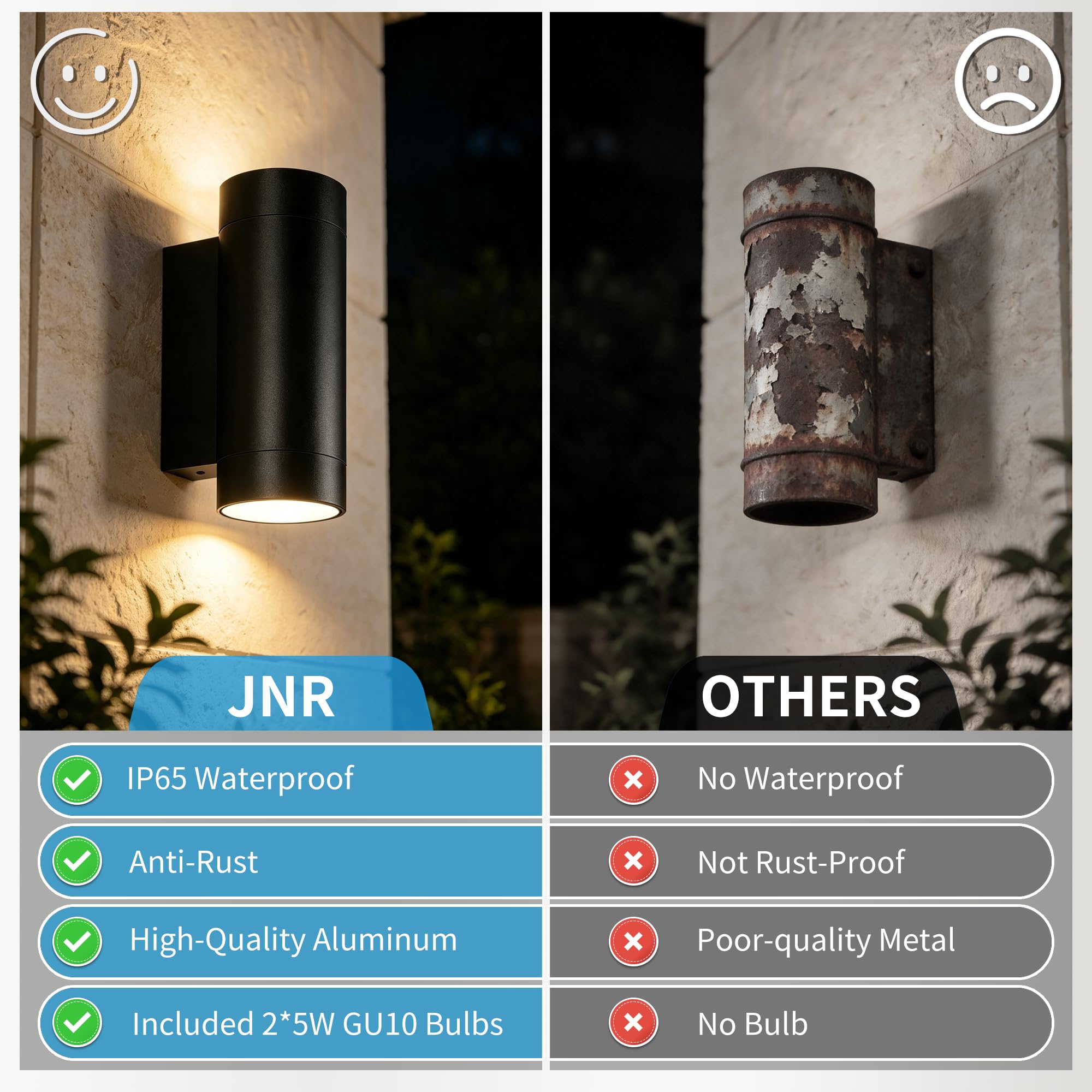 JNR Lampada da parete per esterni, IP65, impermeabile, lampada da parete per esterni, con 4 lampadine GU10 da 5 W, luce bianca calda, lampada da parete a LED, per esterni (2 bronzo PACK, rosso-marrone