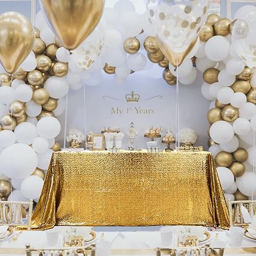 Miniatura 6 de Mantel de lentejuelas doradas para decoración de fiestas, 50 x 80 pulgadas, mantel rectangular con purpurina para mesa de 4 pies, postre pastel,